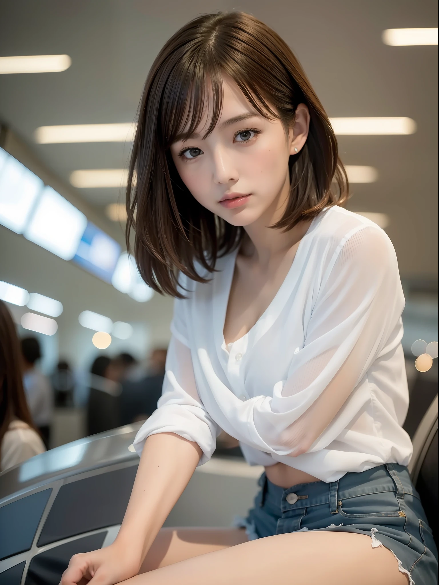((Best quality, 8k, Masterpiece: 1.3, raw photo)), Sharp focus: 1.2, (1 AESPA girl: 1.1), (realistic, photo-realistic:1.37), beautiful face girl, cute face, small breasts, flat chest, brunette short messy hair, sitting, arms over head, white shirt, panties, airport, station, sunlight, cinematic lighting, from below