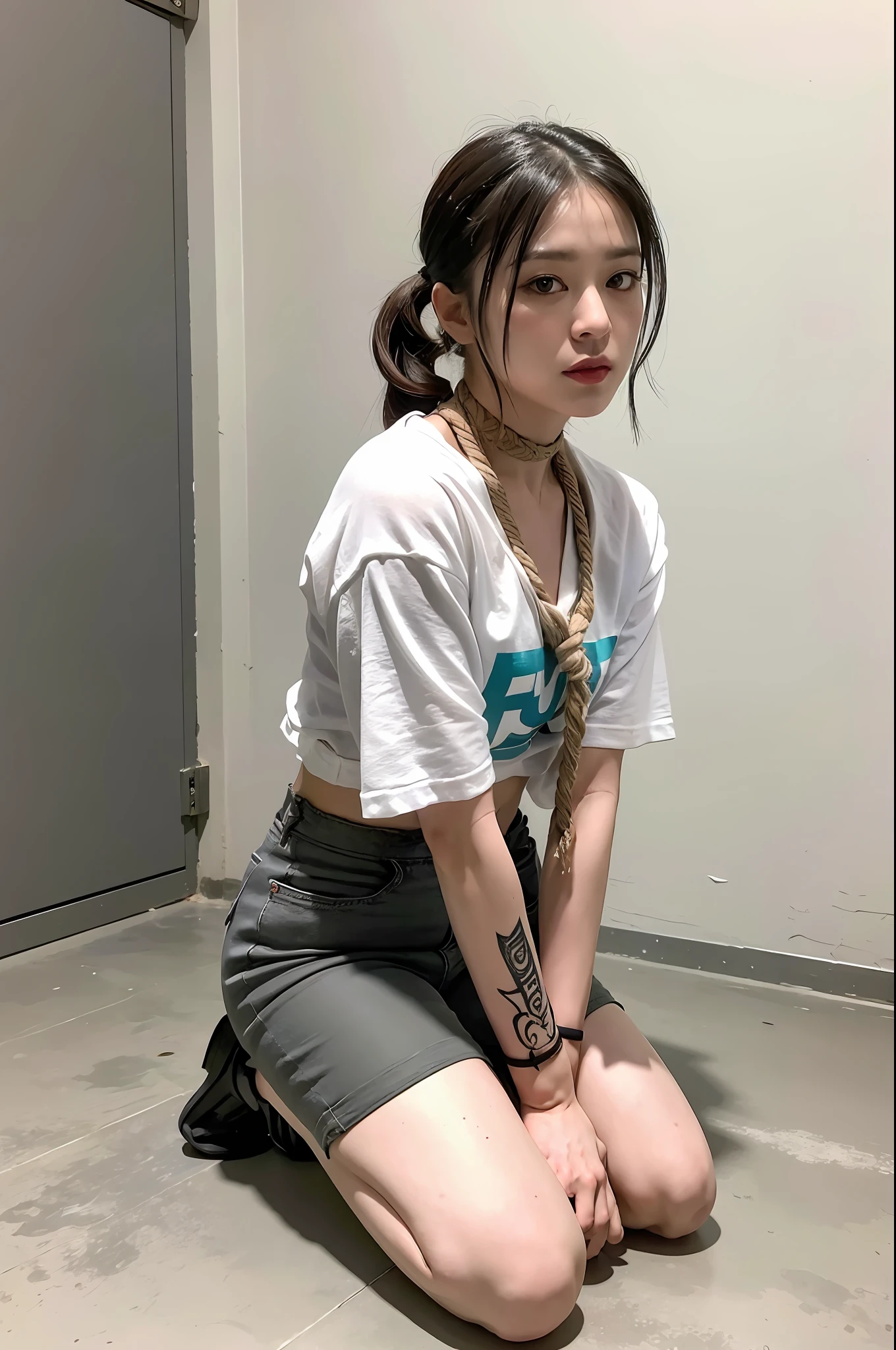 (8k:1.27), best quality, masterpiece, ultra highres:1.2), lesbian delinquent girl with arm tattoos, tattooed girl, full body picture, dirty old white oversized knotted prisoner t-shirt, dirty big t-shirt, short big sleeves, beige prisoner pants tied with a rope, wearing dirty old goth clothes, dyed cyan hair, short cyan ponytail hairstyle with hair pulled back, kneeling in a prison cell, handcuffed, hands tied with rope behind body, submissive neck choker and checkered keffiyeh scarf in neck, 4k or 8k picture, looking at the floor down very sad, very sad face, praying, paisley bandana pirate style headscarf, smelly, barefoot, rope hanging from ceiling, tattooed body