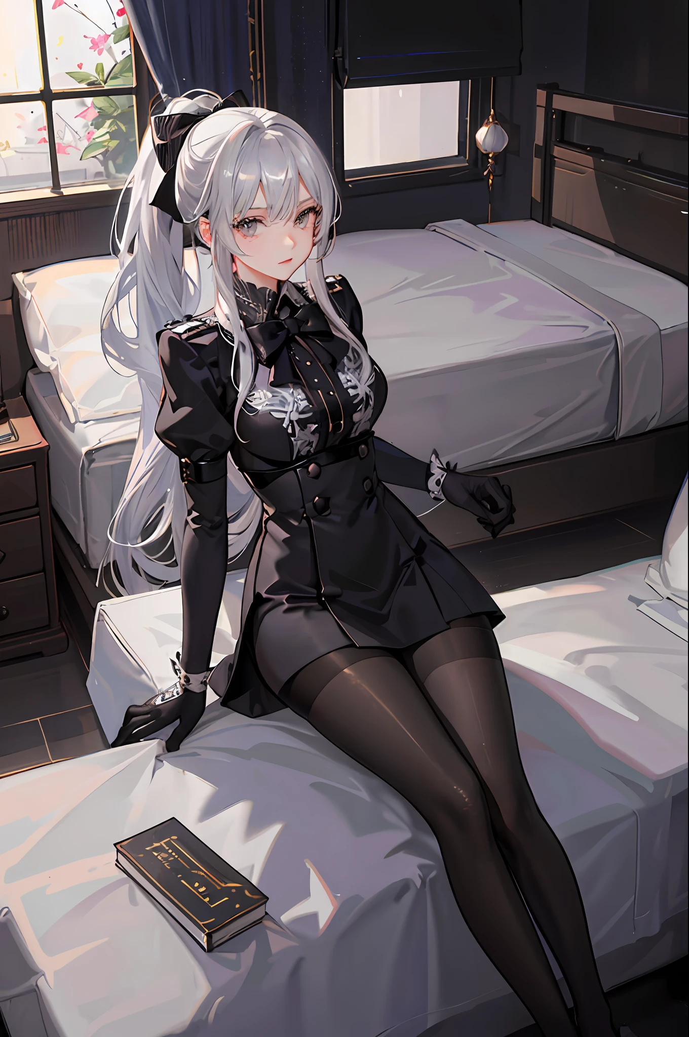 (((1 girl)),ray tracing,(dim lighting),[detailed background (bedroom)),((silver hair)),((silver hair)),(Fluffy silver hair, plump slender girl)) with high ponytail)))) Avoid blonde eyes in the ominous bedroom ((((Girl wears intricately embroidered black high-waisted pants with pantyhose) and white ruffled bow gloves), showing a delicate slim figure and graceful curves, correct limbs, sitting on the bed