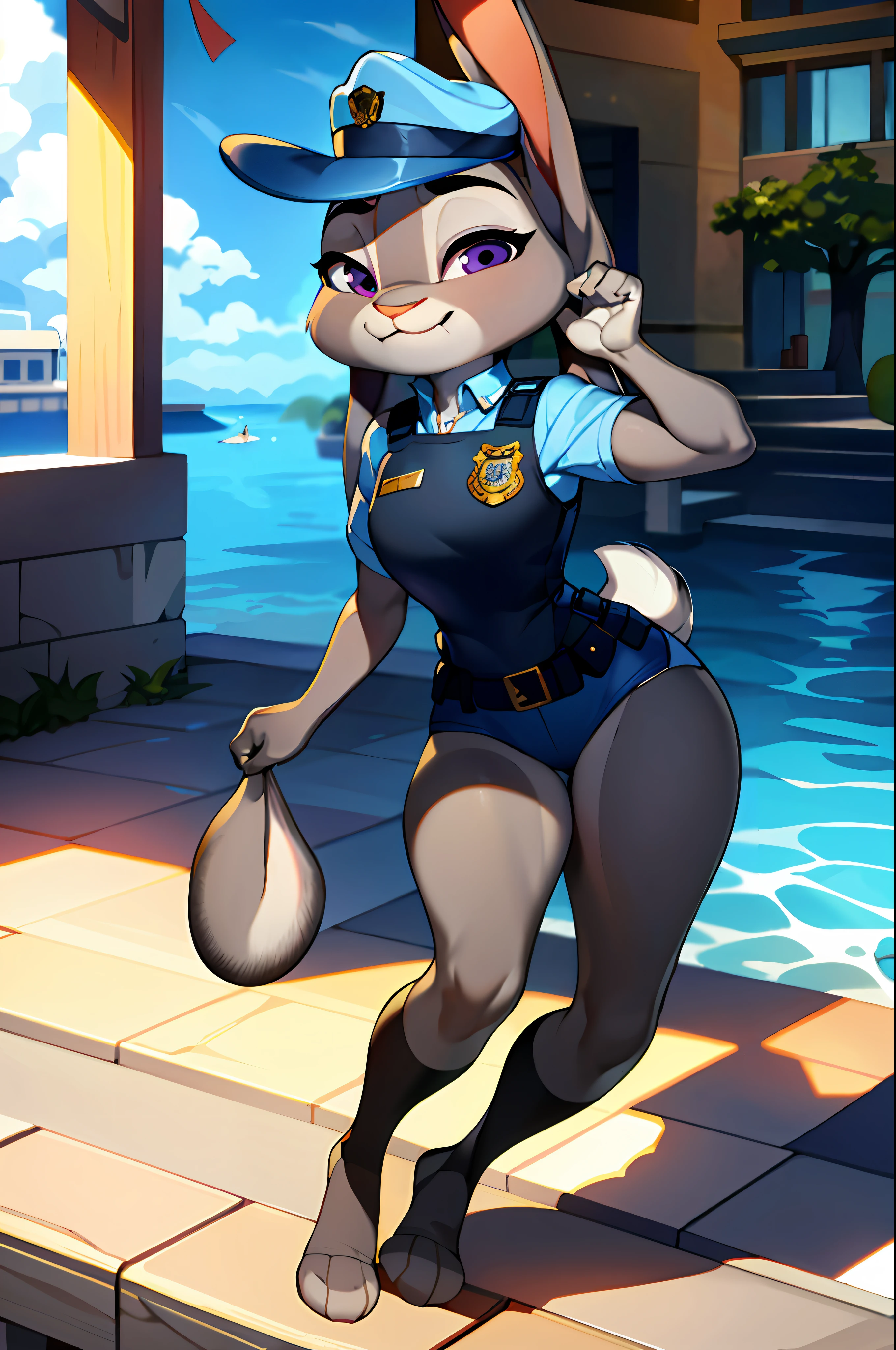best quality, masterpiece, solo, 1girl, JudyHopps, police uniform, police hat, no pants, long socks, no panties, no pants, no shoes