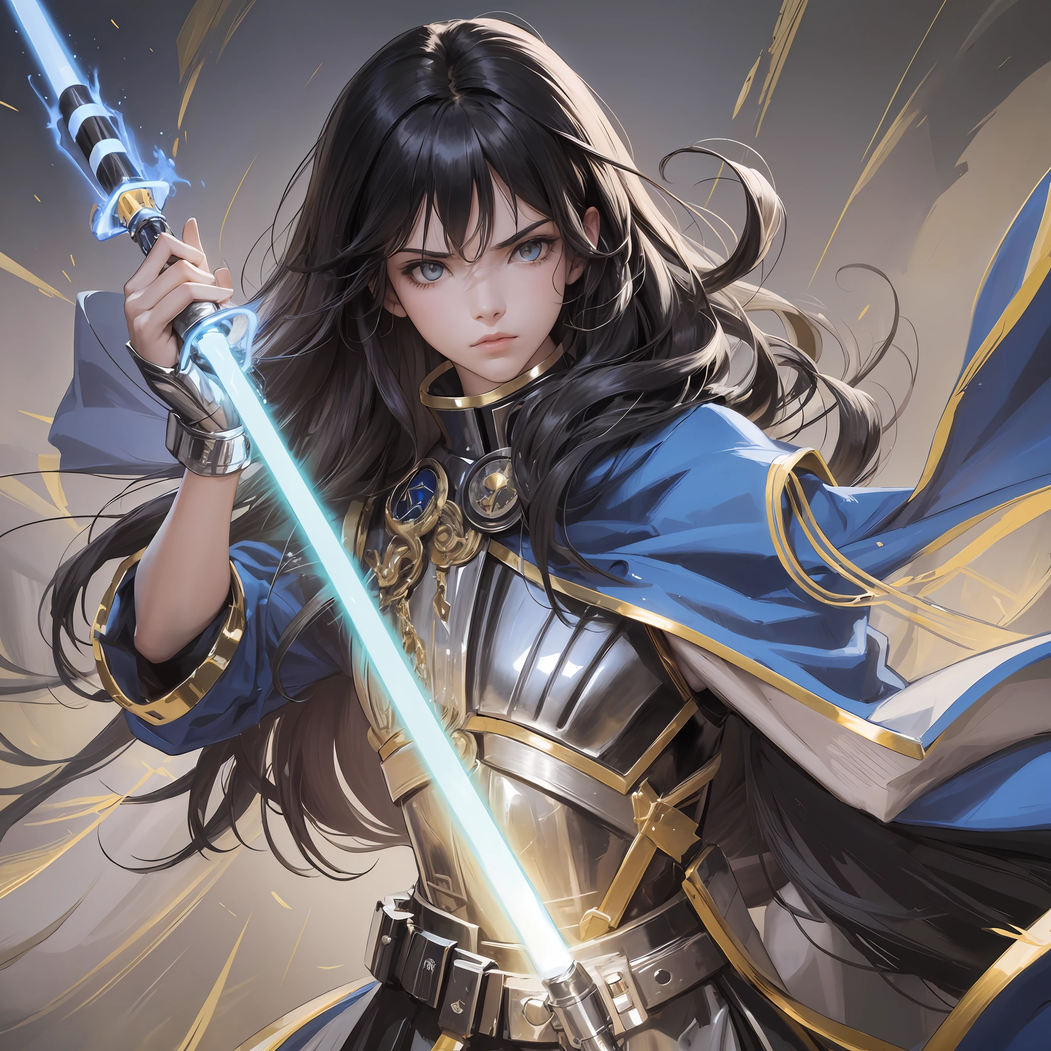 Straight blue lightsaber, a girl, long hair, serious face, combat attire, black hair, bright golden eyes, white armor, cloak --auto --s2