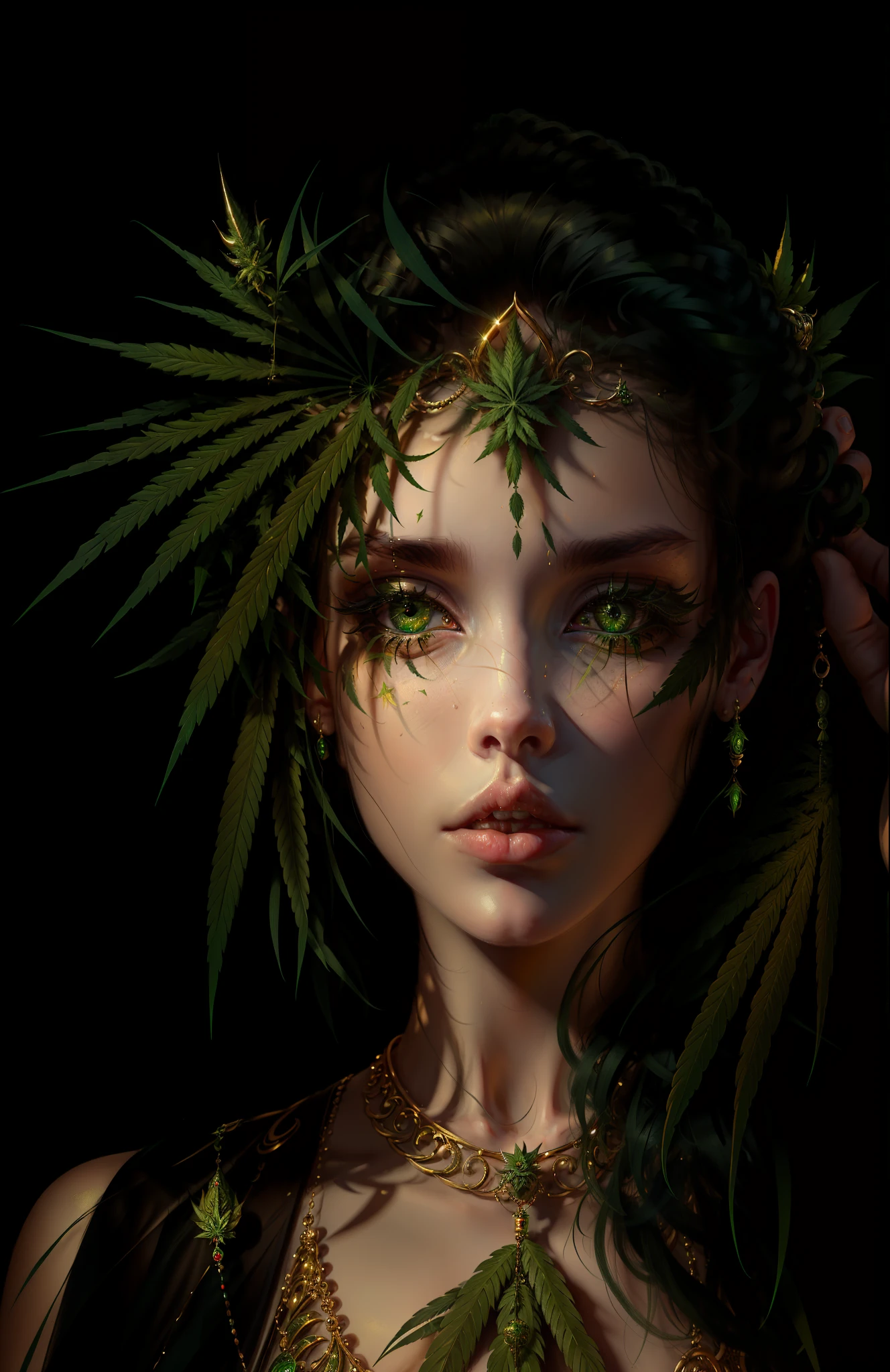 ((best quality)), ((masterpiece)), ((realistic)), Cannabis goddess, the hair is composed of cannabis leaves, green eyes, female face, trend on artstation , sharp focus, studio photo, intricate detail, very detailed, detailed eye, illustration, very detailed, sharp focus, digital render, professional, 4k