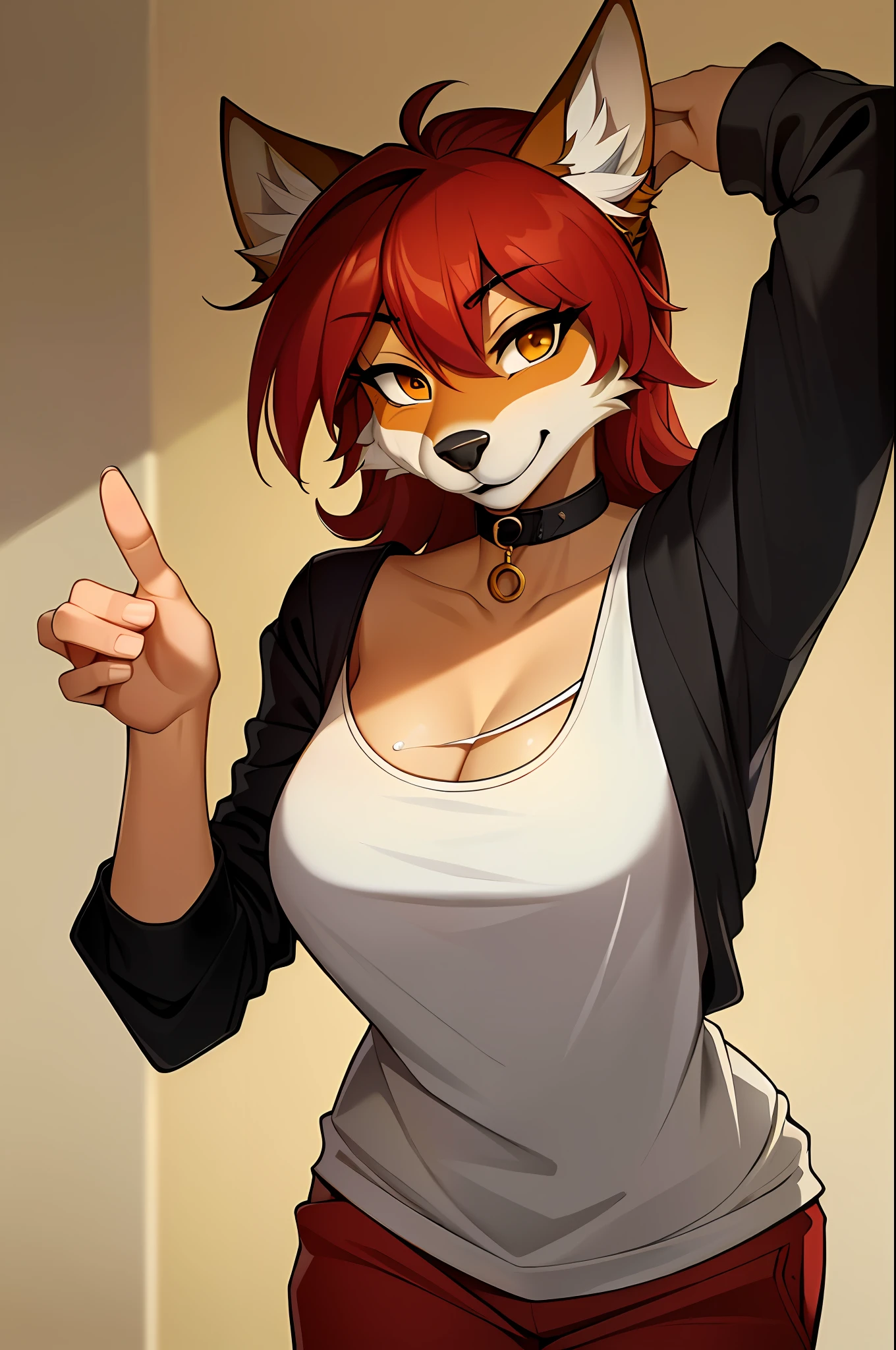 ((masterpiece, best quality)), (anthro furry:1.3, muzzle:1.2, anthro:1.3, furry:1.2, closeup:1.2, female solo:1.2, neckline, leaning forward, smile, red), no blouse, sweatpants,transparent blouse