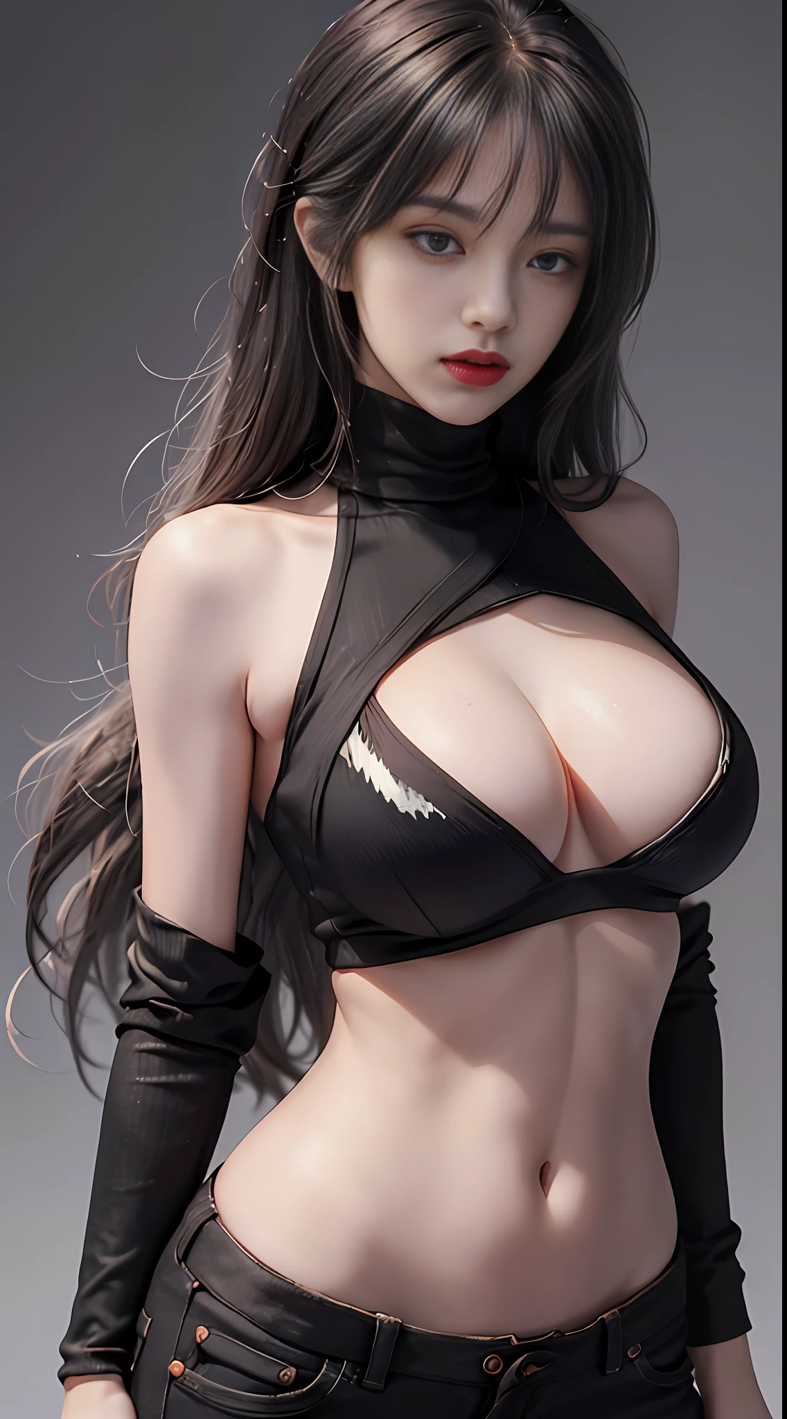 girl, bangs, bare shoulders, black pants, breasts, breasts squeezed together, gray background, hair between eyes, long hair, view viewer, pants, parted lips, red eyes, shirt, simple background, sleeveless, sleeveless shirt, solo, turtleneck sweater, V-arms, gray hair, (shiny skin), (masterpiece: 1.4), (best quality: 1.4), ,,, Facigirl, red lips, perfect abs, navel, (:1.5), (transparent areola), , huge, sweaty, slim, Perfect proportions, beast.