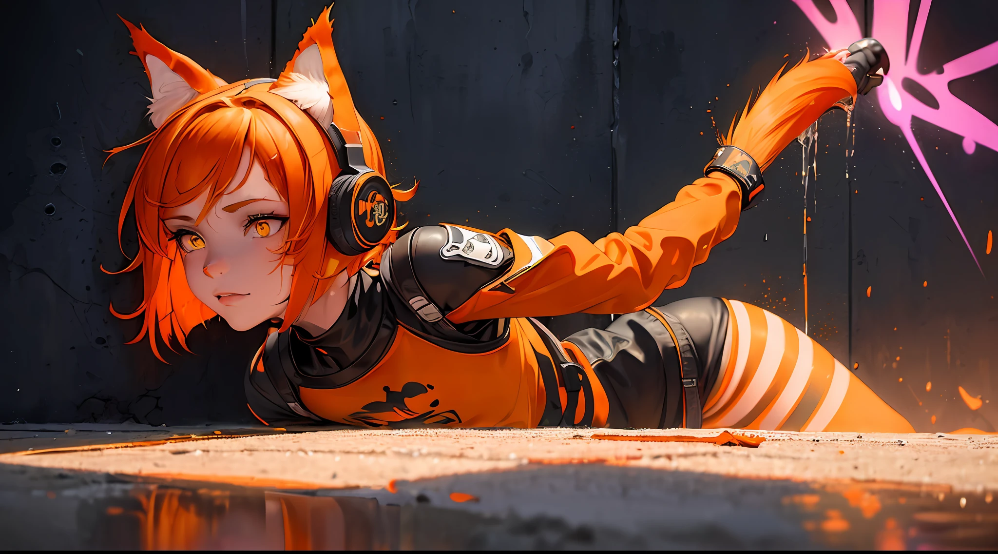 (Masterpiece:1.2), best quality, (illustration:1.2), (ultra-detailed),Eye focus,(Masterfully crafted Glow, pink lens flare), (Cinematic background), hyper details,(delicate detailed), (intricate details), octane render, hdr, (hyperdetailed:1.15), (((colourful))), (soft light:1.2), 1girl,(lynx ears:1.3) , (lynx girl), (cat tail:1.5), beautiful girl, ultra detailed eyes, mature, plump, thick, rainbow painting drops, paint teardrops, woman made up from paint, entirely paint, splat, splash, (outside), (bob cut:1.5),(glowing eyes:1.2), ((makeup)),(Cinematic masterpiece), fierce, powerful, splashes of colour absolutely eye-catching, (Cinematic headlight), (realistic bounce lighting:1.2),((caustic)), dynamic angle, beautiful detailed glow, ambient occlusion, ambient light, raytraced reflections,(best illumination, an extremely delicate and beautiful), ((cinematic light)), (soft:2), (whimsical:2) , intricate background, vibrant, dreamscape, (painting graffiti:1.3), (glowing tail), (painted city landscape), (Urban),(realistic urban fashion), (expressive:1.2), good form, athletic , (mirrored world), (long flowing black hair:1.1), wavy hair, (orange hair highlights),(Cyberpunk Techwear Japanese Streetwear Longline Hoodie),(Cyberpunk Streetwear Kanji Joggers), glowing headphones, beanie, (graffiti wall), unfinished graffiti, ghetto,(looking at wall:2),black hoodie, (backwall present),(holding spraycan:1.3), (colourful mist), buckles, belts, straps, a girl standing in front of a graffiti wall, cyberpunk art, (by LAM), Mika Pikazo, graffiti, techwear jacket, black gloves, with buckle and tape, (orange hair:2)
