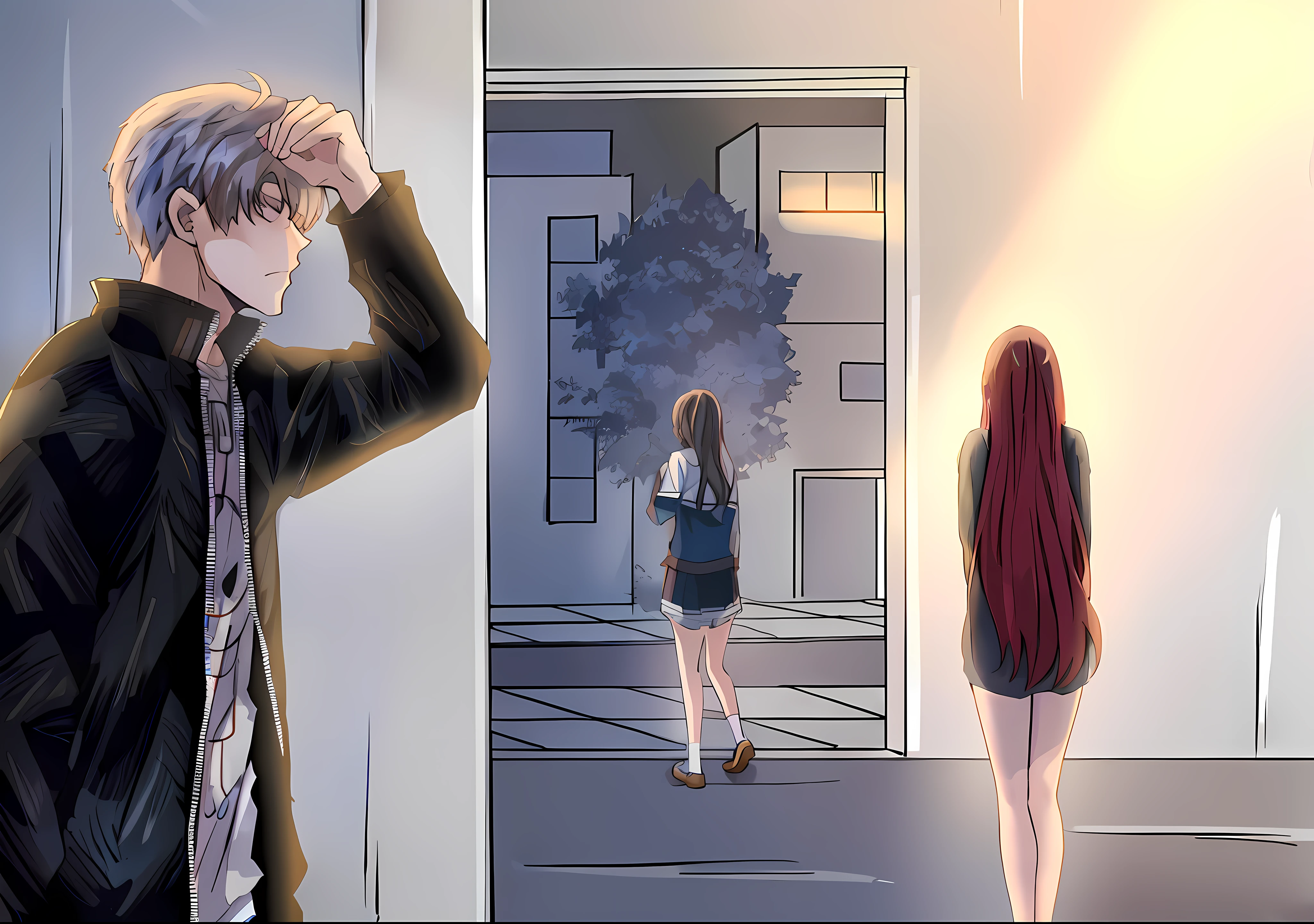 anime scene of a man and woman walking in a hallway, visual novel cg, ; visual novel, anime scene, anime background art, shoujo romance, semi - realistic, semi-realistic, realistic scene, visual novel, shoujo manga, va-11 hall-a, digital anime illustration, cel shaded anime, loish art style, in an anime style