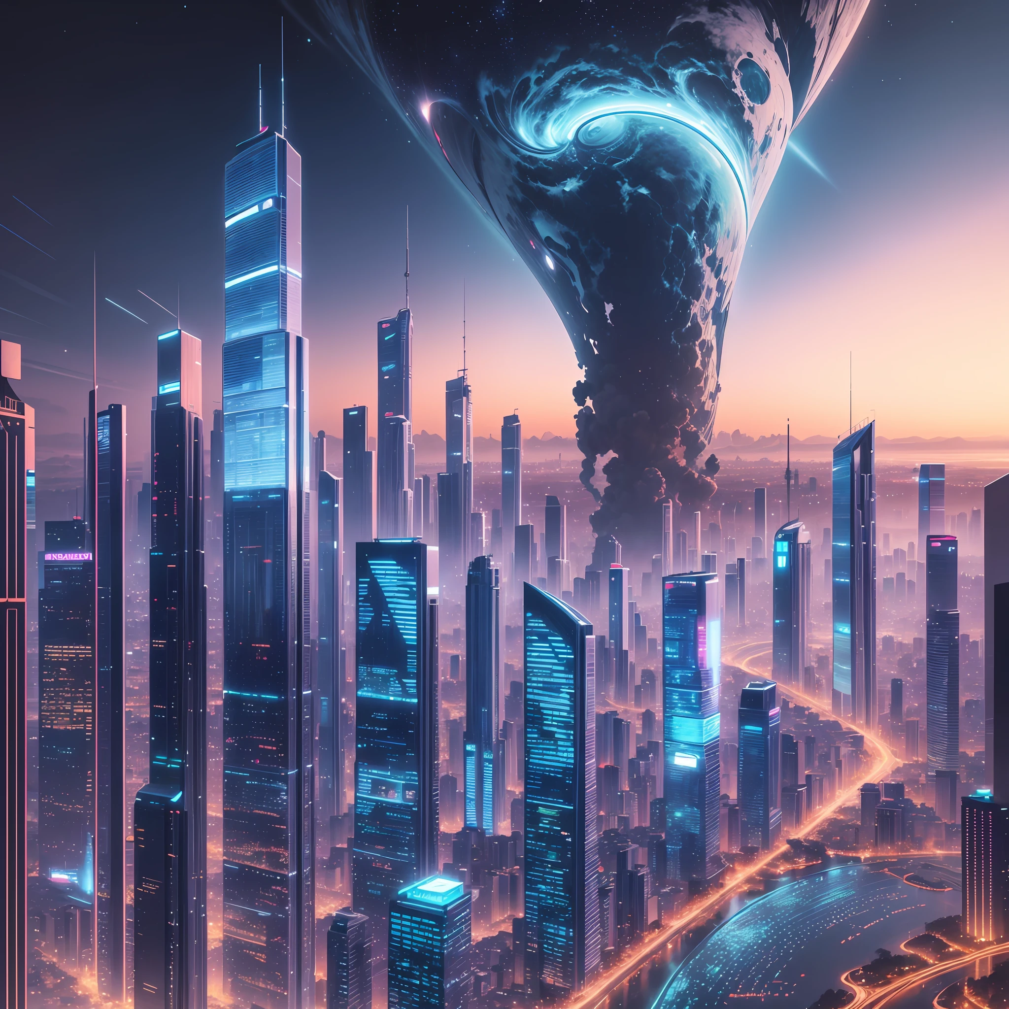 "Create an image depicting the cityscape of a futuristic Brazil in the year 2100. Show towering skyscrapers adorned with holographic advertisements, advanced transportation systems, and a vibrant atmosphere that reflects the country's resilience after the economic collapse." --auto --s2