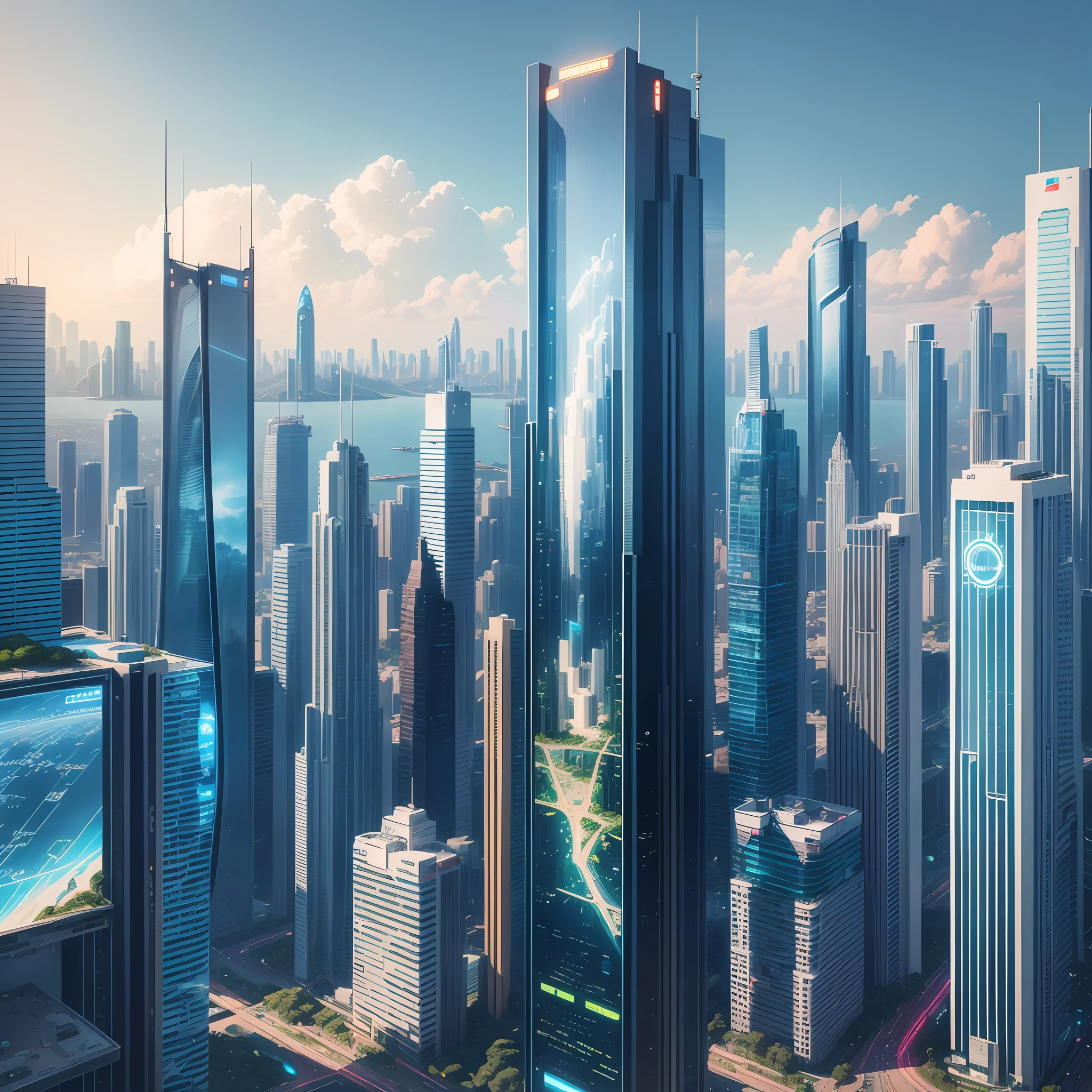 "Create an image depicting the cityscape of a futuristic Brazil in the year 2100. Show towering skyscrapers adorned with holographic advertisements, advanced transportation systems, and a vibrant atmosphere that reflects the country's resilience after the economic collapse." --auto --s2