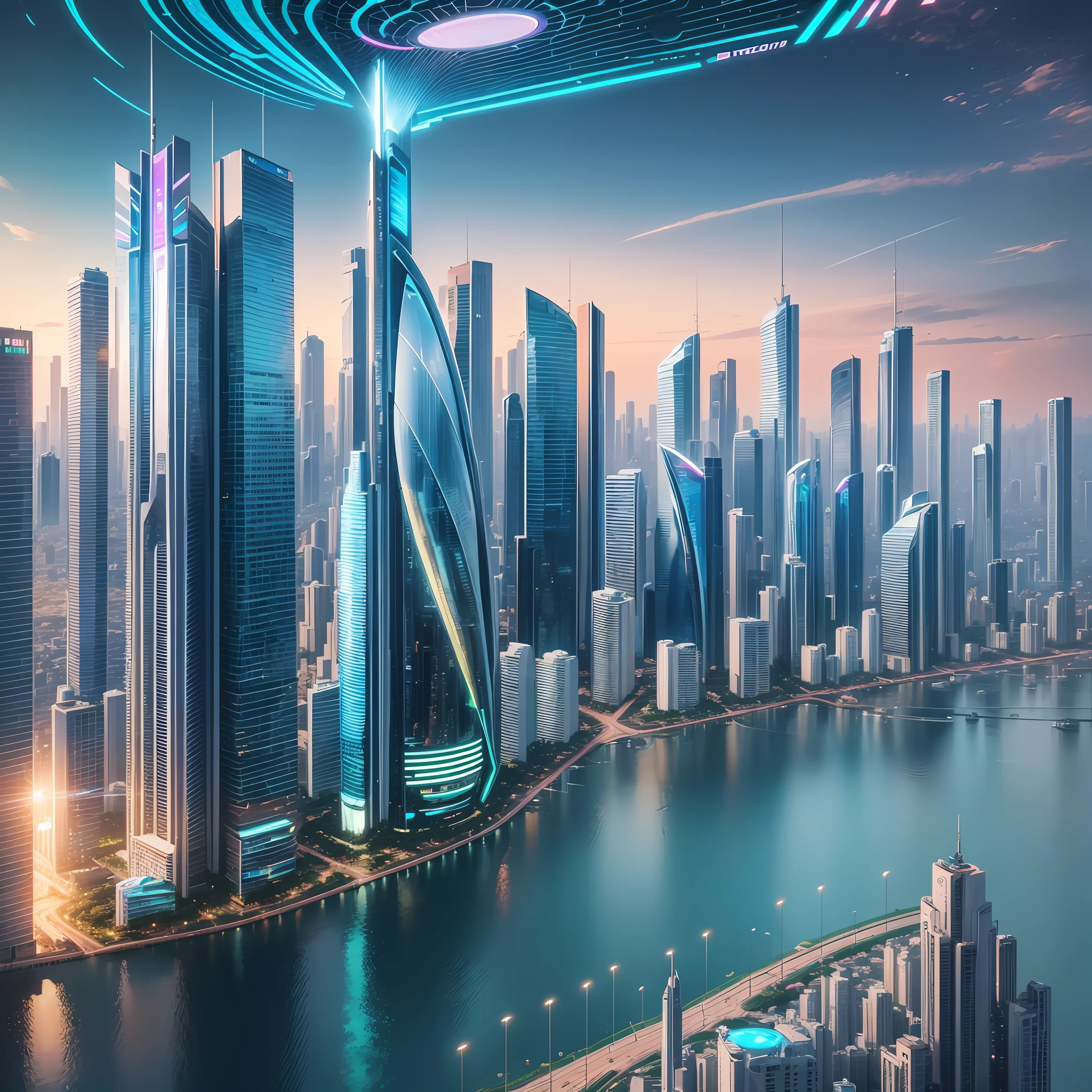 "Create an image depicting the cityscape of a futuristic Brazil in the year 2100. Show towering skyscrapers adorned with holographic advertisements, advanced transportation systems, and a vibrant atmosphere that reflects the country's resilience after the economic collapse." --auto --s2