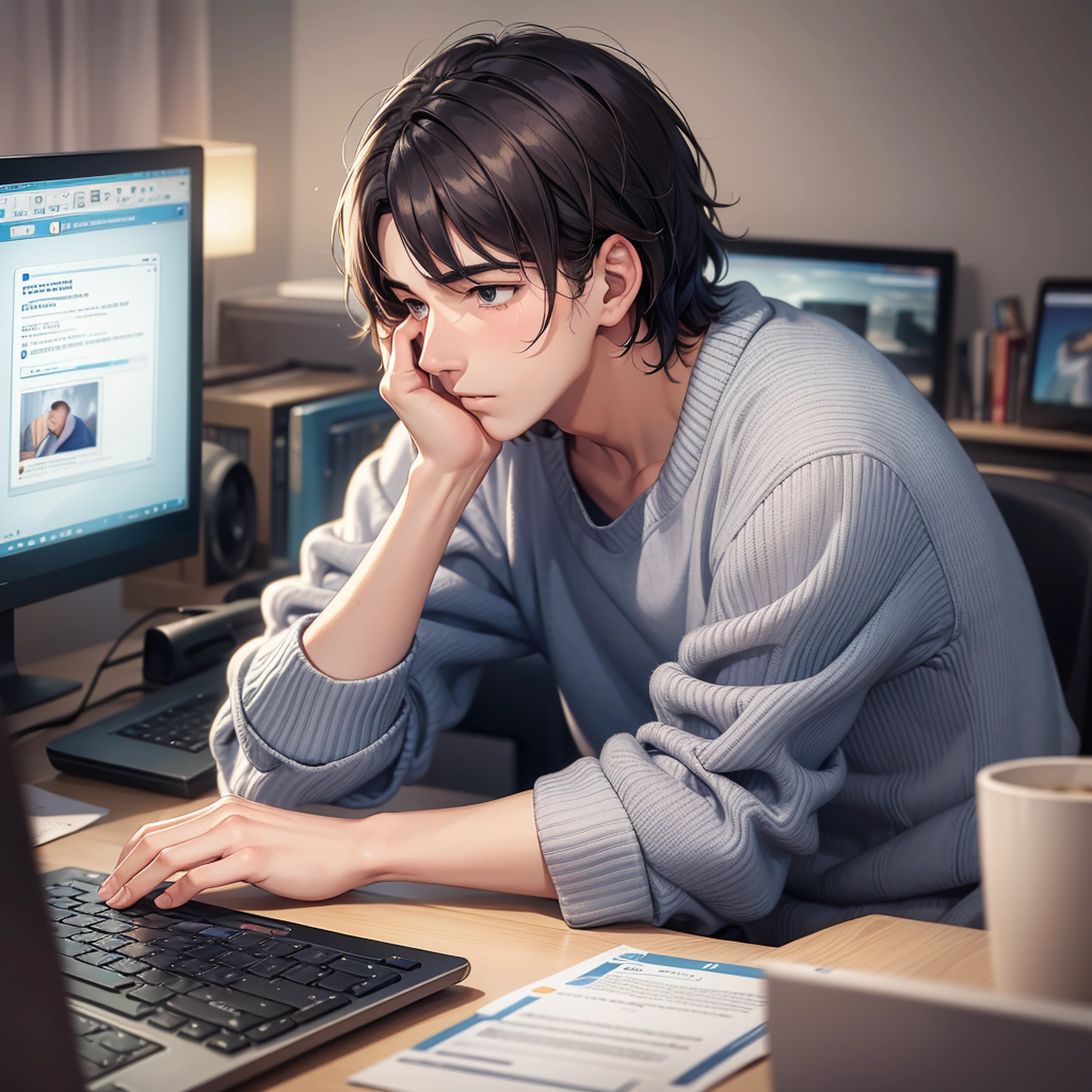 (Best Quality, Masterpiece: 1.3), a young man facing the computer with his hands covering his face and secretly looking at the computer screen, with a nervous expression