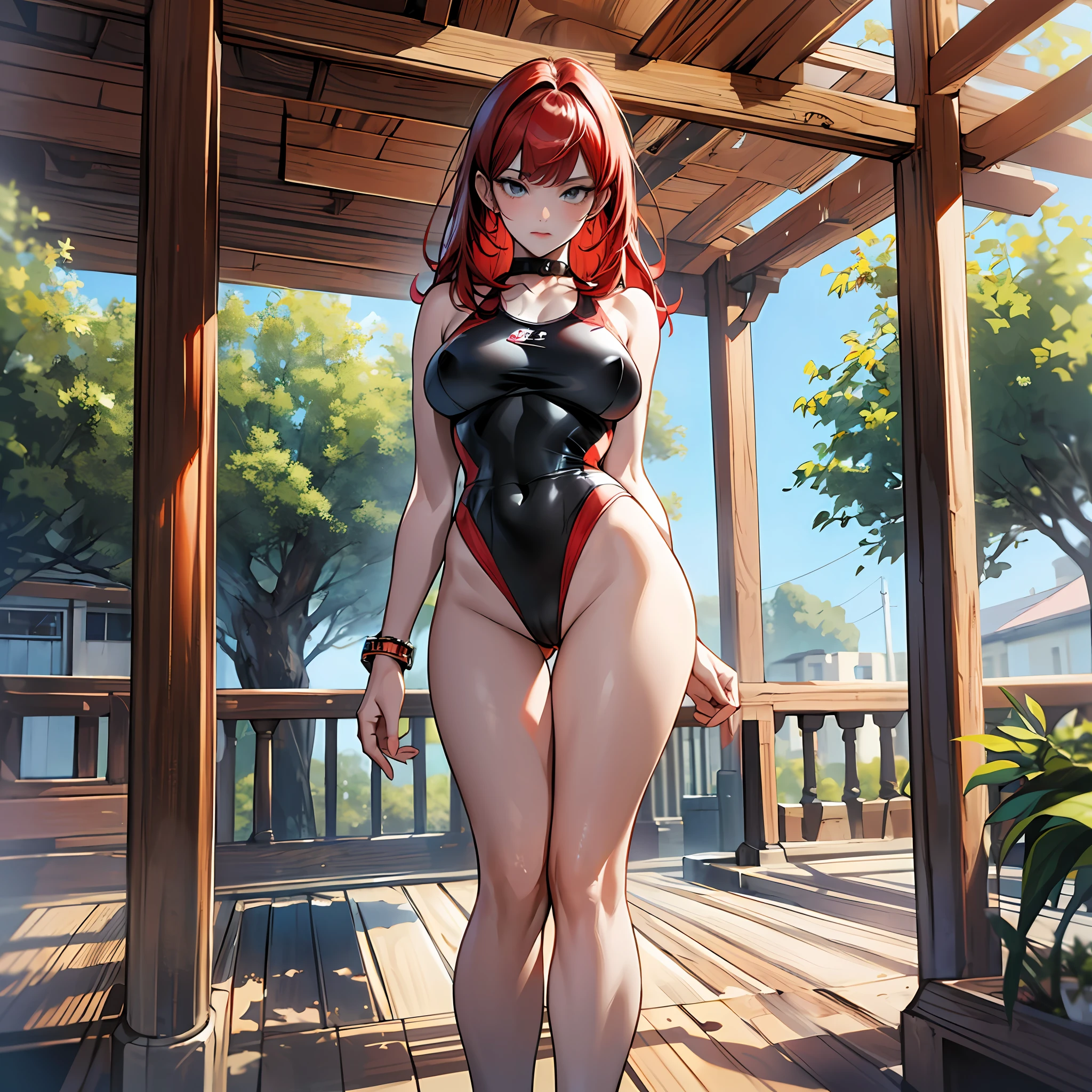 (8k), (best quality), (masterpiece: 1.2), (realistic), (photorealistic: 1.37), super detailed, one girl, viewer is watching, full body, 25 years old, red hair, black one-piece swimsuit