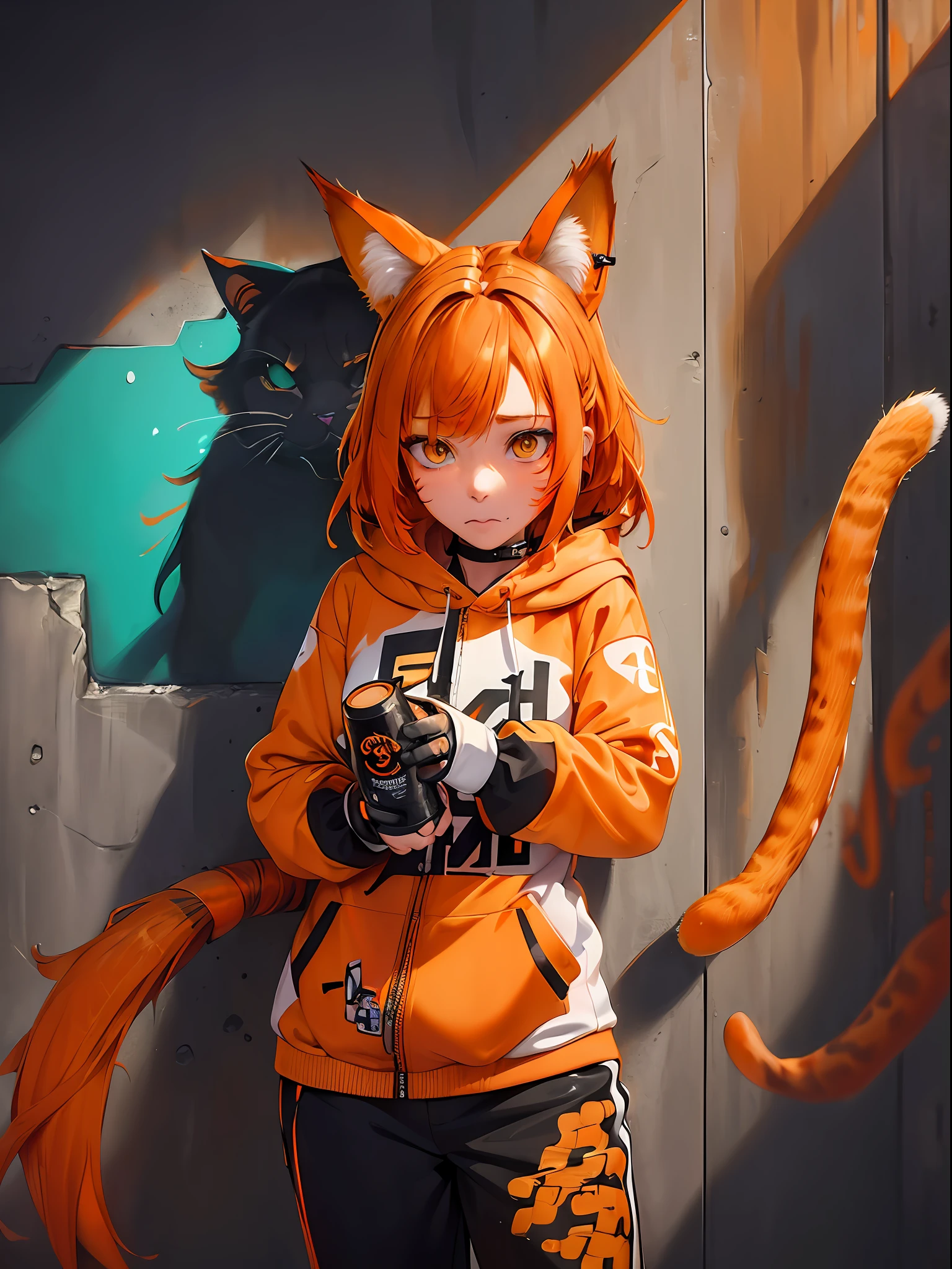 (Masterpiece:1.2), best quality, (illustration:1.2), (ultra-detailed),Eye focus,(Masterfully crafted Glow, pink lens flare), (Cinematic background), hyper details,(delicate detailed), (intricate details), octane render, hdr, (hyperdetailed:1.15), (((colourful))), (soft light:1.2), 1girl,(lynx ears:1.3) , (lynx girl), (cat tail:1.5), beautiful girl, ultra detailed eyes, mature, plump, thick, rainbow painting drops, paint teardrops, woman made up from paint, entirely paint, splat, splash, (outside), (bob cut:1.5),(glowing eyes:1.2), ((makeup)),(Cinematic masterpiece), fierce, powerful, splashes of colour absolutely eye-catching, (Cinematic headlight), (realistic bounce lighting:1.2),((caustic)), dynamic angle, beautiful detailed glow, ambient occlusion, ambient light, raytraced reflections,(best illumination, an extremely delicate and beautiful), ((cinematic light)), (soft:2), (whimsical:2) , intricate background, vibrant, dreamscape, (painting graffiti:1.3), (glowing tail), (painted city landscape), (Urban),(realistic urban fashion), (expressive:1.2), good form, athletic , (mirrored world), (long flowing black hair:1.1), wavy hair, (orange hair highlights),(Cyberpunk Techwear Japanese Streetwear Longline Hoodie),(Cyberpunk Streetwear Kanji Joggers), glowing headphones, beanie, (graffiti wall), unfinished graffiti, ghetto,(looking at wall:2),black hoodie, (backwall present),(holding spraycan:1.3), (colourful mist), buckles, belts, straps, a girl standing in front of a graffiti wall, cyberpunk art, (by LAM), Mika Pikazo, graffiti,  techwear jacket, black gloves, with buckle and tape, (orange hair:2)