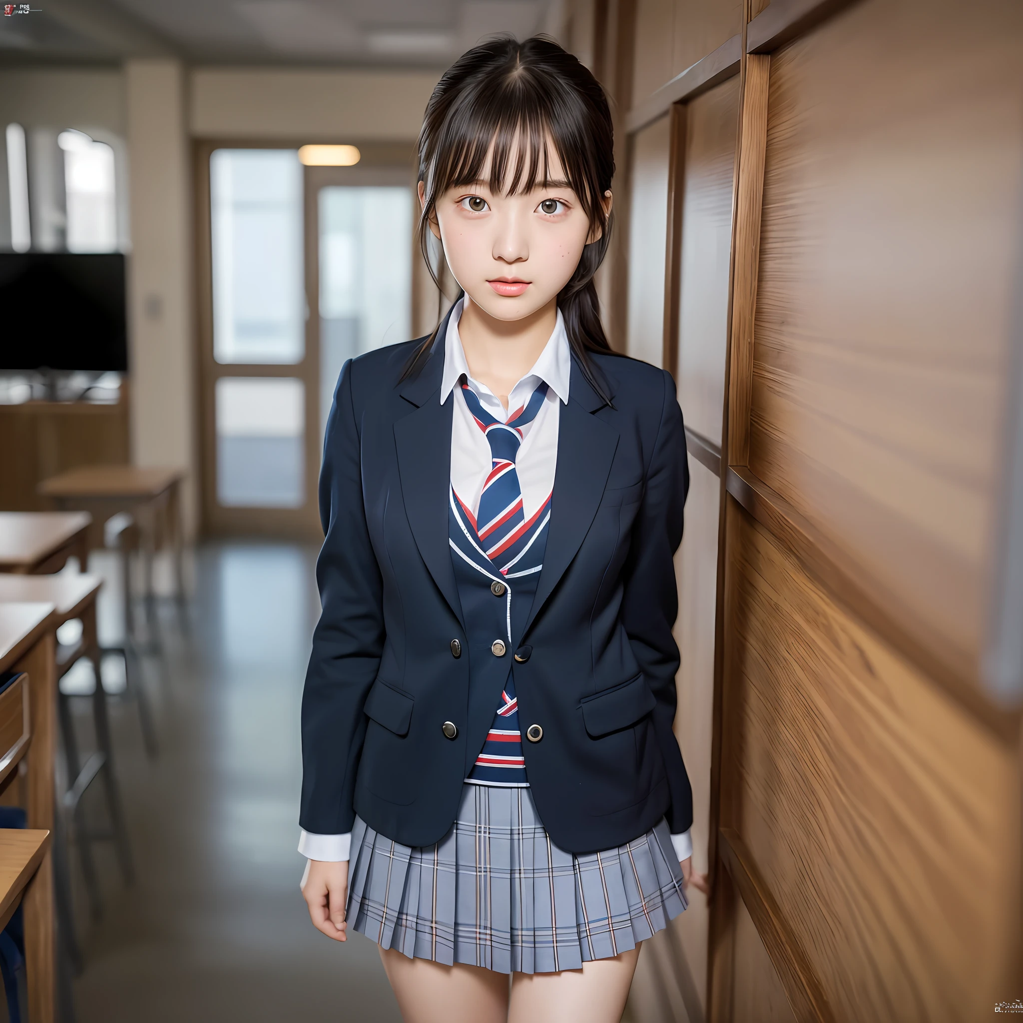 cute, full body, school uniform, Japan woman, ulzzang-6500-v1.1, (raw photo:1.2), (photorealistic:1.4), beautiful detailed girl, very detailed eyes and face, beautiful detailed eyes,huge file size, ultra detail, high resolution, highly detailed, best quality, masterpiece,illustration, very detailed, cg, unification, 8k wallpaper, fantastic, fine detail, masterpiece, Top quality, highly detailed CG uniform 8k wallpaper, light on face, movie lighting, girl, black hair, favorite partner, schoolgirl, normal breasts, school uniform, classroom, red cheeks, embarrassed,