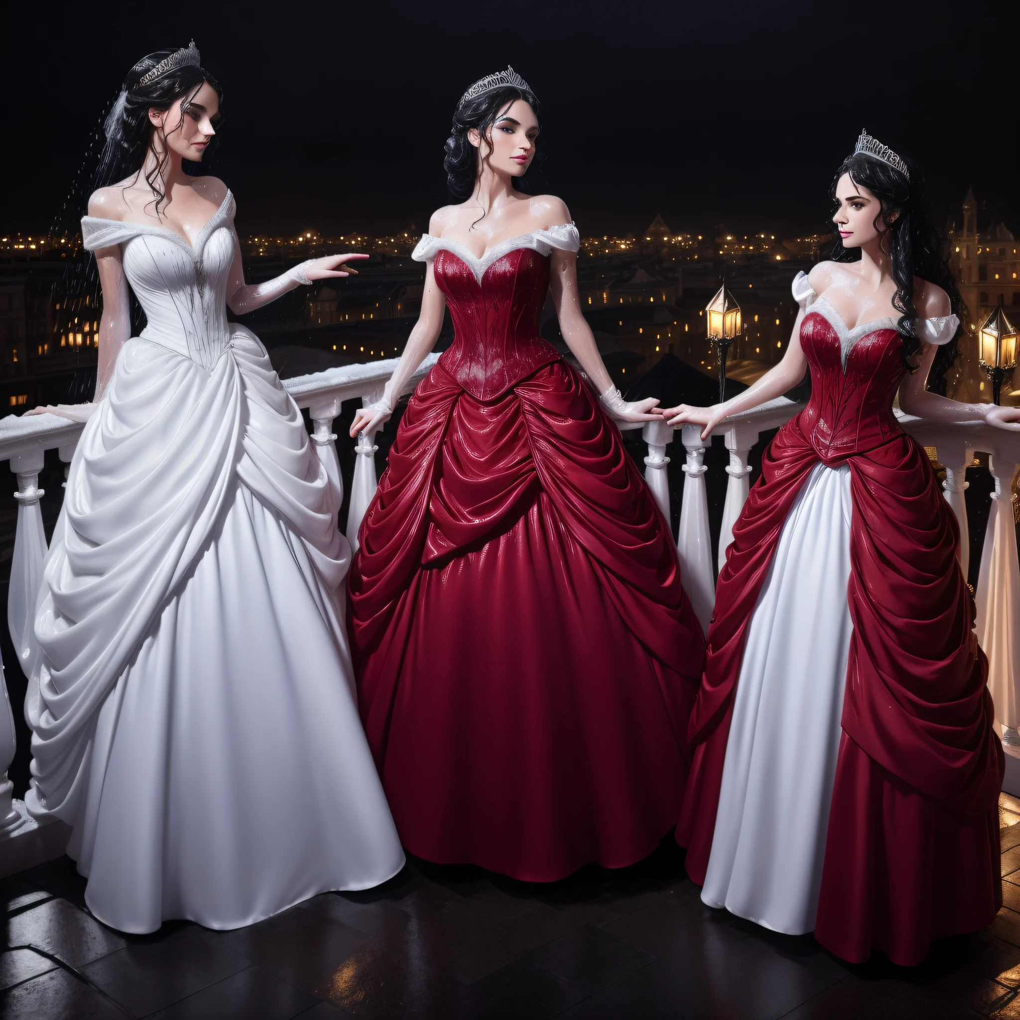 Snow White and Rose Red, dressed for a royal ball (ballgowns, long gloves, tiaras), standing on a palace balcony at night in the rain, wet hair, wet dresses (((drenched))) (((soaked))) (((dishevelled))) (((clinging)))