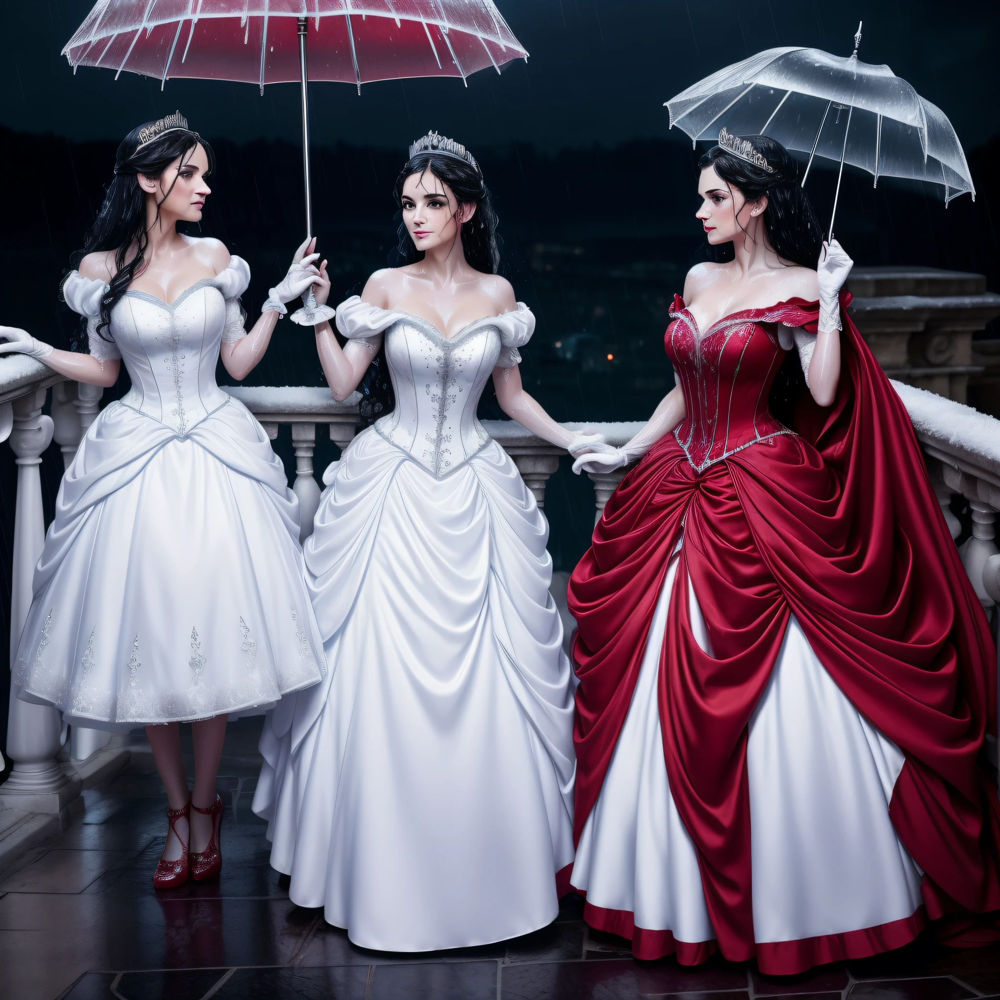 Snow White and Rose Red, dressed for a royal ball (ballgowns, long gloves, tiaras), standing on a palace balcony at night in the rain, wet hair, wet dresses (((drenched))) (((soaked))) (((dishevelled))) (((clinging)))