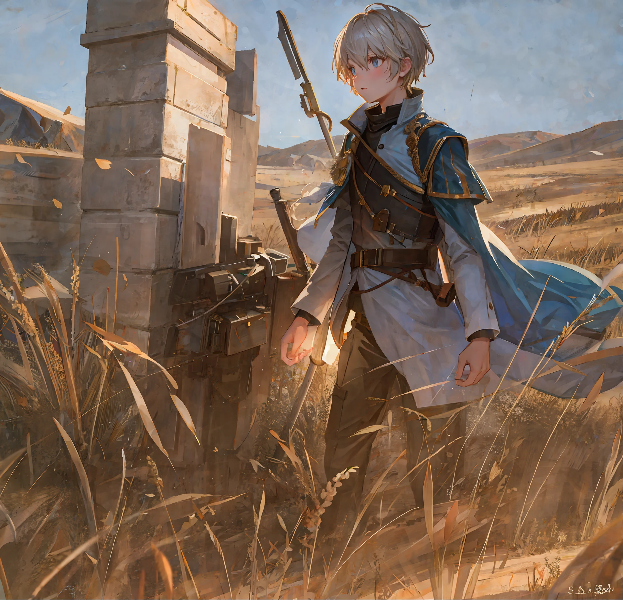 Prairie, a boy riding on the back of a sheep, knight, night, starry