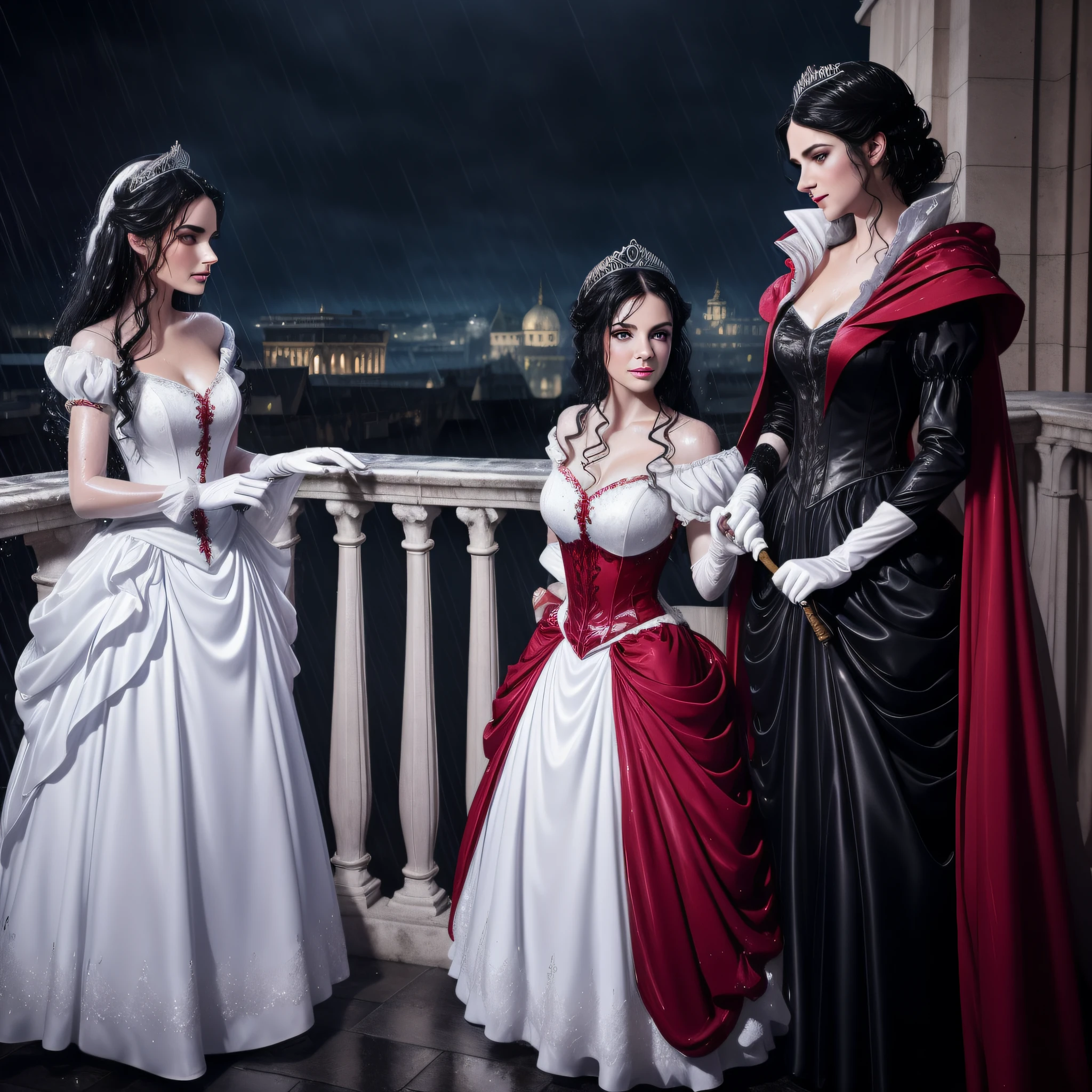 Snow White and Rose Red, dressed for a royal ball (ballgowns, long gloves, tiaras), standing on a palace balcony at night in the rain, wet hair, wet dresses (((drenched))) (((soaked))) (((dishevelled))) (((clinging)))