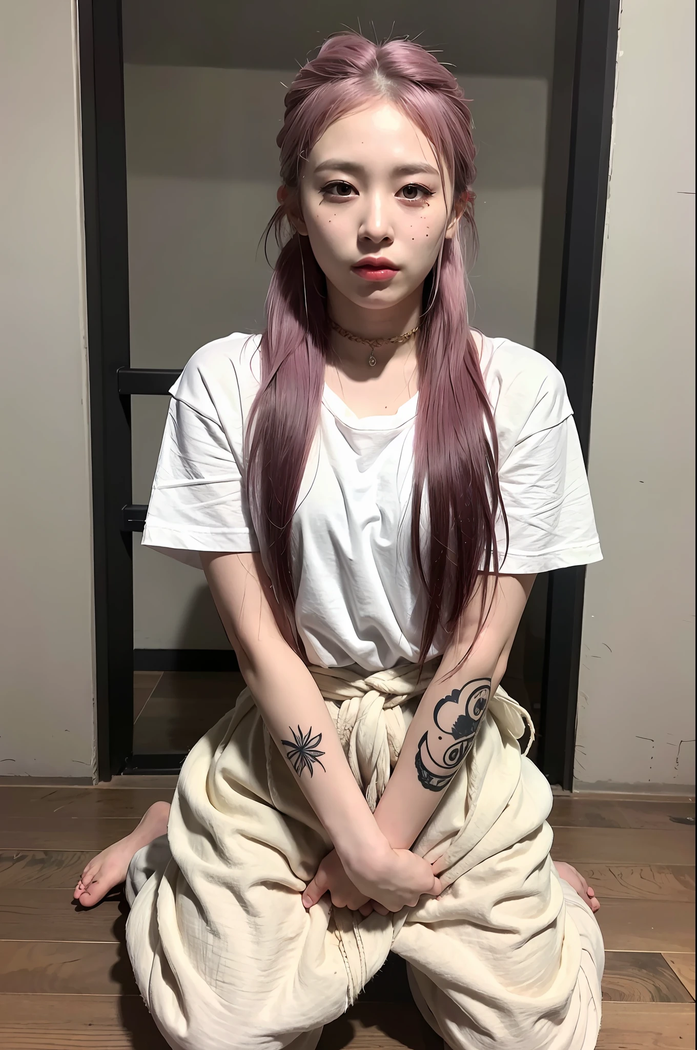 (8k:1.27), best quality, masterpiece, ultra highres:1.2), lesbian delinquent girl with dyed hair andnarm tattoos, tattooed girl, full body picture, dirty old white oversized knotted prisoner t-shirt, dirty big t-shirt, short big sleeves, beige prisoner pants tied with a rope, wearing dirty old goth clothes, long pink hair pulled back and messy bun, kneeling in a prison cell, handcuffed, hands tied with rope behind body, submissive neck choker and checkered keffiyeh scarf in neck, 4k or 8k picture, looking at the floor down very sad, very sad face, praying, paisley bandana pirate style headscarf, smelly, barefoot, rope hanging from ceiling, tattooed body