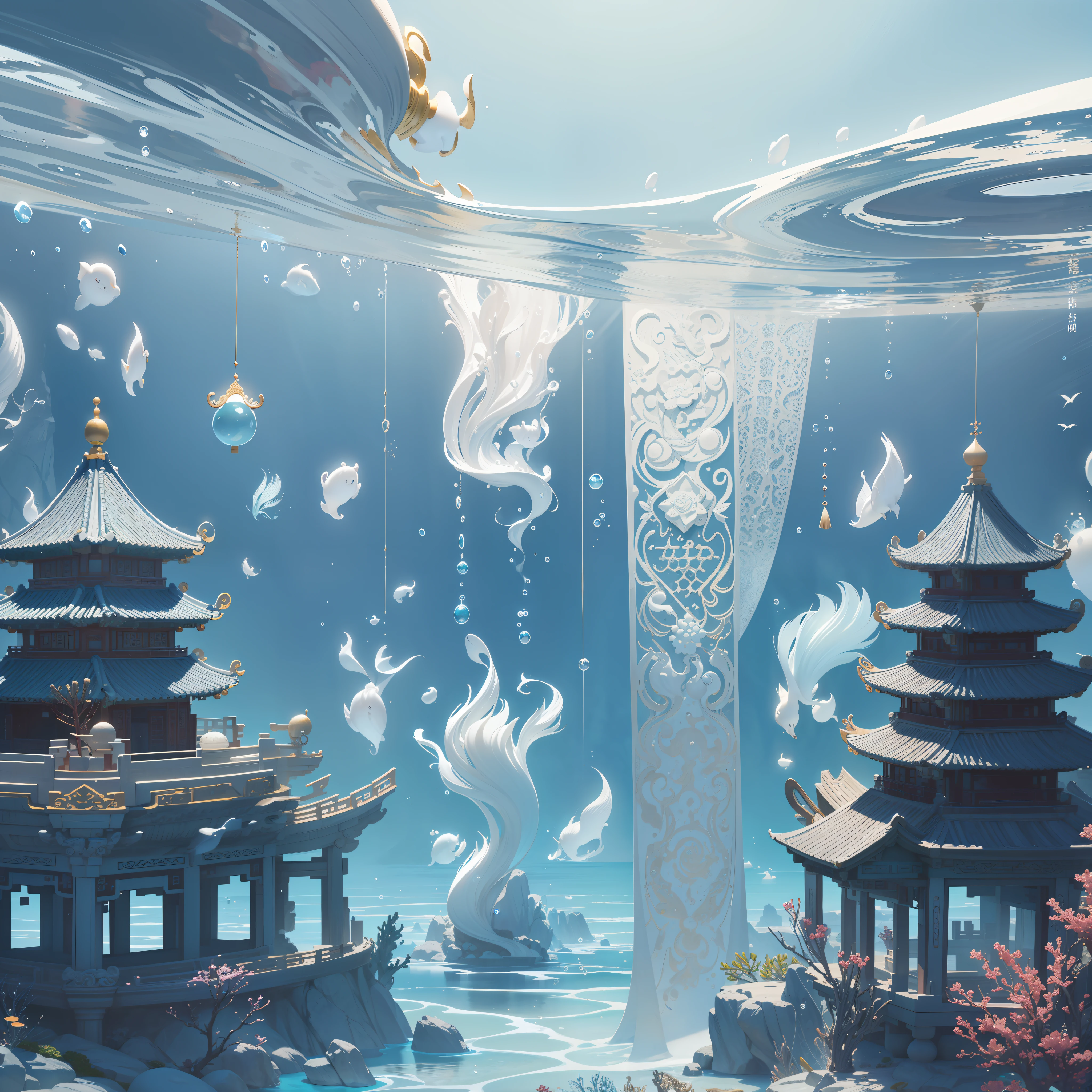White Jade Palace Under the Sea, White Jade Material, Ancient Chinese Palace, Underwater, Bubbles, Currents, Splashing Splashes, (Illustration: 1.0), Epic Composition, Natural Light, HD Details, Masterpiece, Best Quality, (Very Detailed CG Unity 8k Wallpaper)