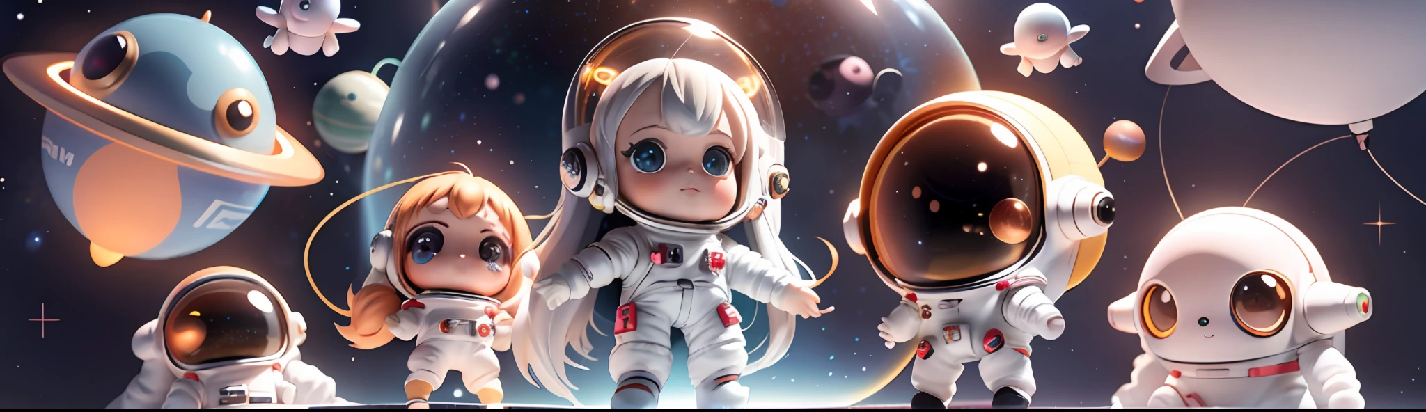 Super cute girl full body 3D picture, 1pc, good looking eyes, big eyes, cute, happy, c4d, pop matt blind box, white long hair, glowing bubbles, toys, solid color background, chibi, fluorescent translucency, luminous body, kawaii, doll, (((astronaut, spacesuit))), reference table, pop mart blind box, Pixar, complex details, 3d rendering, blender, OC renderer, fol body reference sheet, Dribble, High Details, 8K, Studio Lighting, Loli, Petite, Child, Chibi, SD characters: 1.1, Magic Space Warehouse background