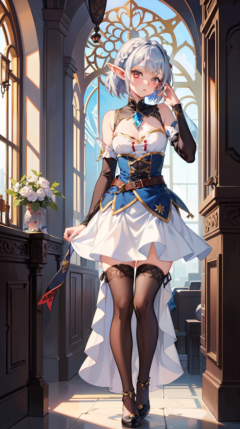 1 Girl Full Body, Elf, Silver Hair, Red Eyes, Bob Cut, Braid, Princess, Dress, Long Skirt, Hands on Their Face, Embarrassing, Blushing, Concept Art, Beautiful Anime Scene, Beautiful Anime Scenery, Top Rated on pixiv, Best Quality, 4K