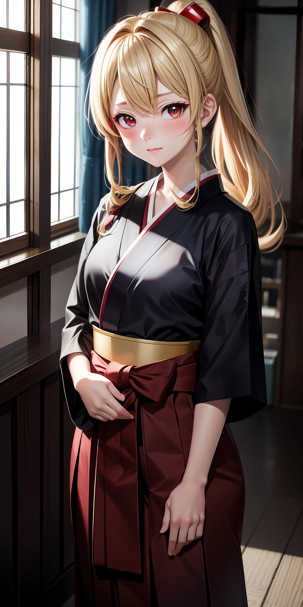 anime, single girl, blonde, red eyes, hakama, kamimeki, blush, indoor