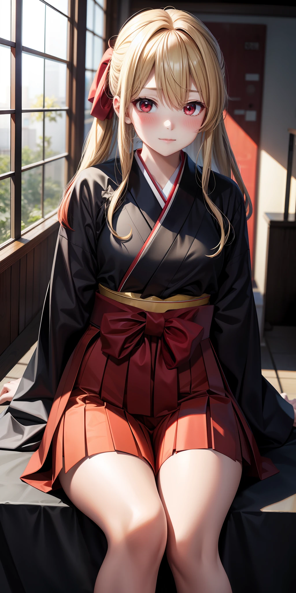 anime, single girl, blonde, red eyes, hakama, kamimeki, blush, indoor