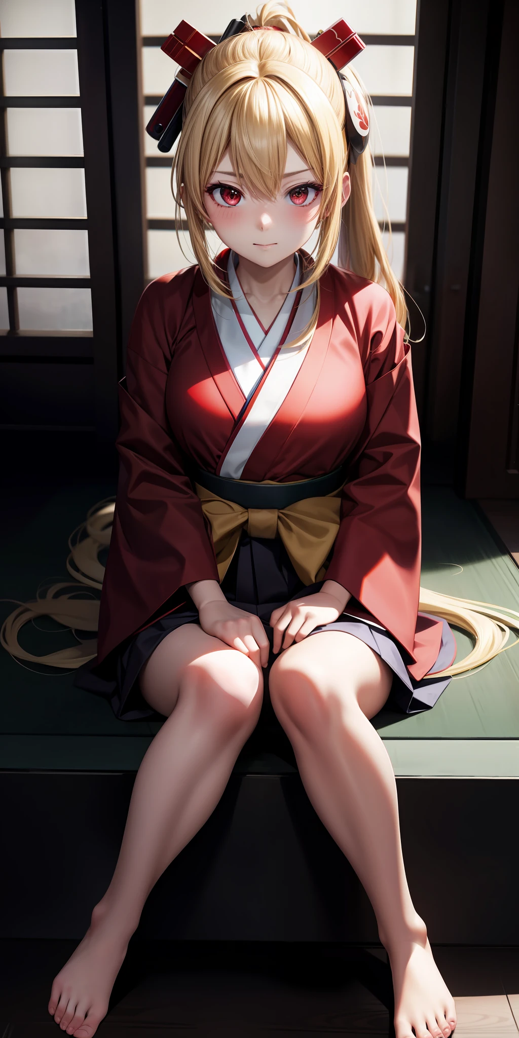 anime, single girl, blonde, red eyes, hakama, kamimeki, blush, indoor