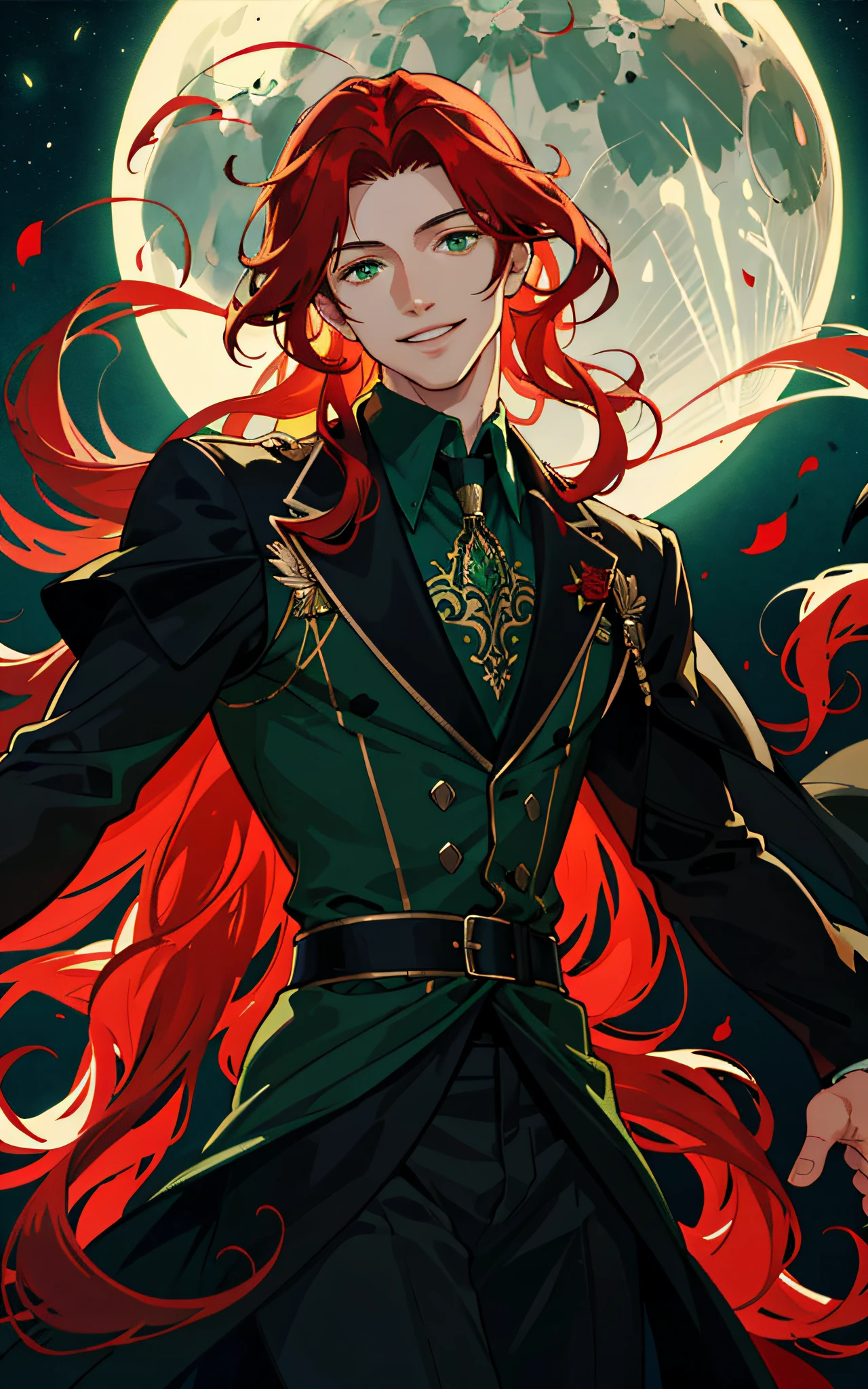 Masterpiece, Best Quality, Best Light and Shadow, 1 Male, Junior, Long Red Curly Hair, Green Eyes, Smile, Gentle Smile, Delicate Face, Accentuated Face, Intricate Details, Rich Movements, Delicate Black Dress, Night, Moon, Castle, Red Rose, Flame