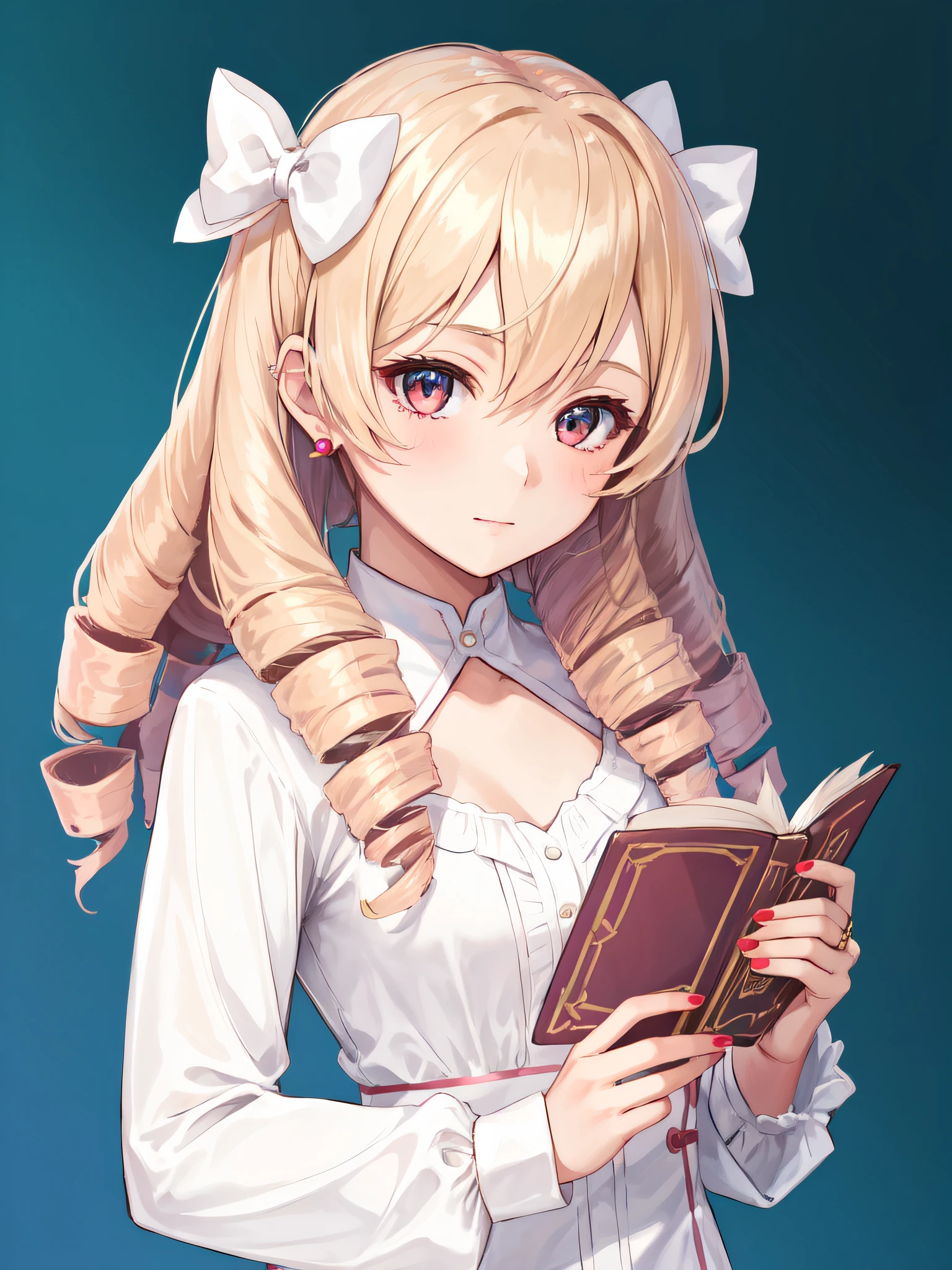 maribelle fe, 1girl, solo, looking at viewer, bangs, shirt, long sleeves, bow, holding, jewelry, closed mouth, white shirt, upper body, hair bow, earrings, nail polish, book, drill hair, white bow, twin drills, red nails, holding book, ringlets