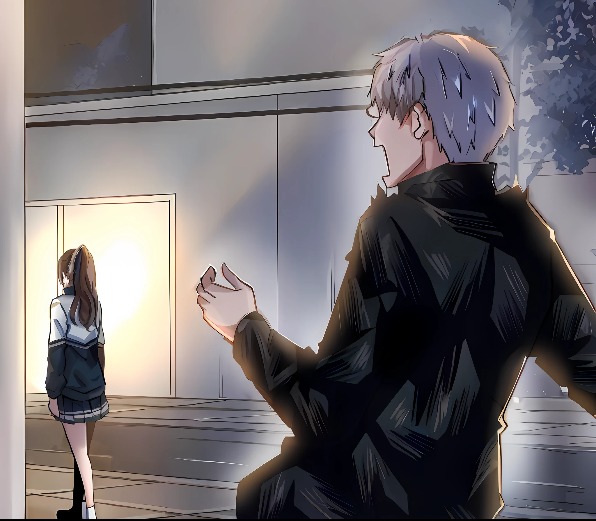 anime scene of a man and woman standing in front of a building, from girls frontline, visual novel cg, official fanart, ; visual novel, highschool background, style of madhouse studio anime, realistic scene, semi - realistic, semi-realistic, visual novel, in anime style, still from tv anime, in an anime style, painted in anime painter studio