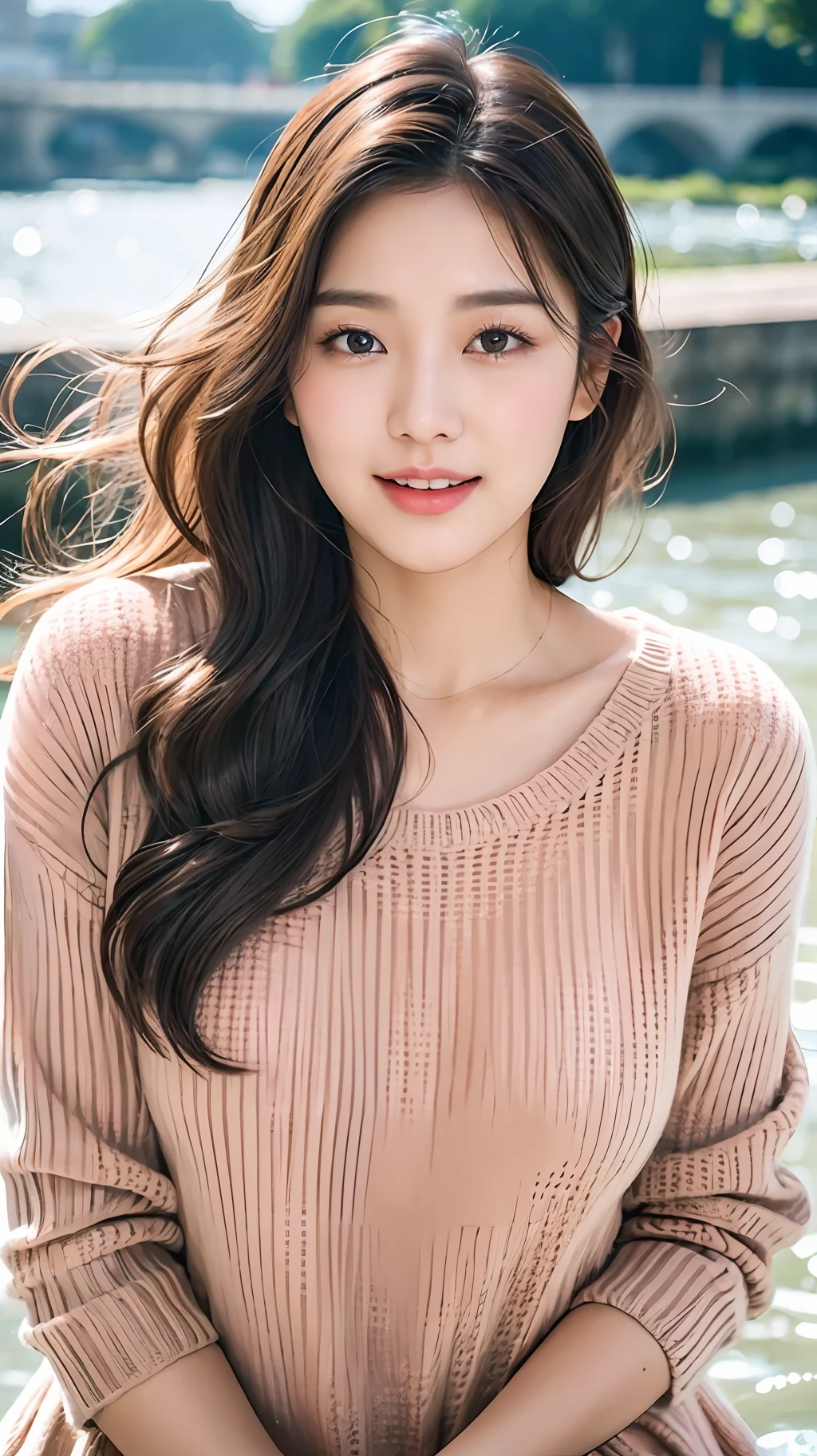 1 mature gentle woman walking on the river, 23 years old, round chin, double eyelids, smile, mix 4, sweater, pillow, lips, open_mouth, realism, photo_\(medium), solo, stuffed_animal, stuffed_toy, teddy_bear, (masterpiece), (realistic: 1.3), ultra detail, (high detail skin: 1.2), (best quality: 1.0), (super high resolution: 1.0), (ulzzang-6500:0.3), wavy detail hair, long hair, sunshine, (beautiful detail makeup), (sexual arousal blush heavy breath: 1.0), floral theme petals scattered, (soft glow flood: 0.5)