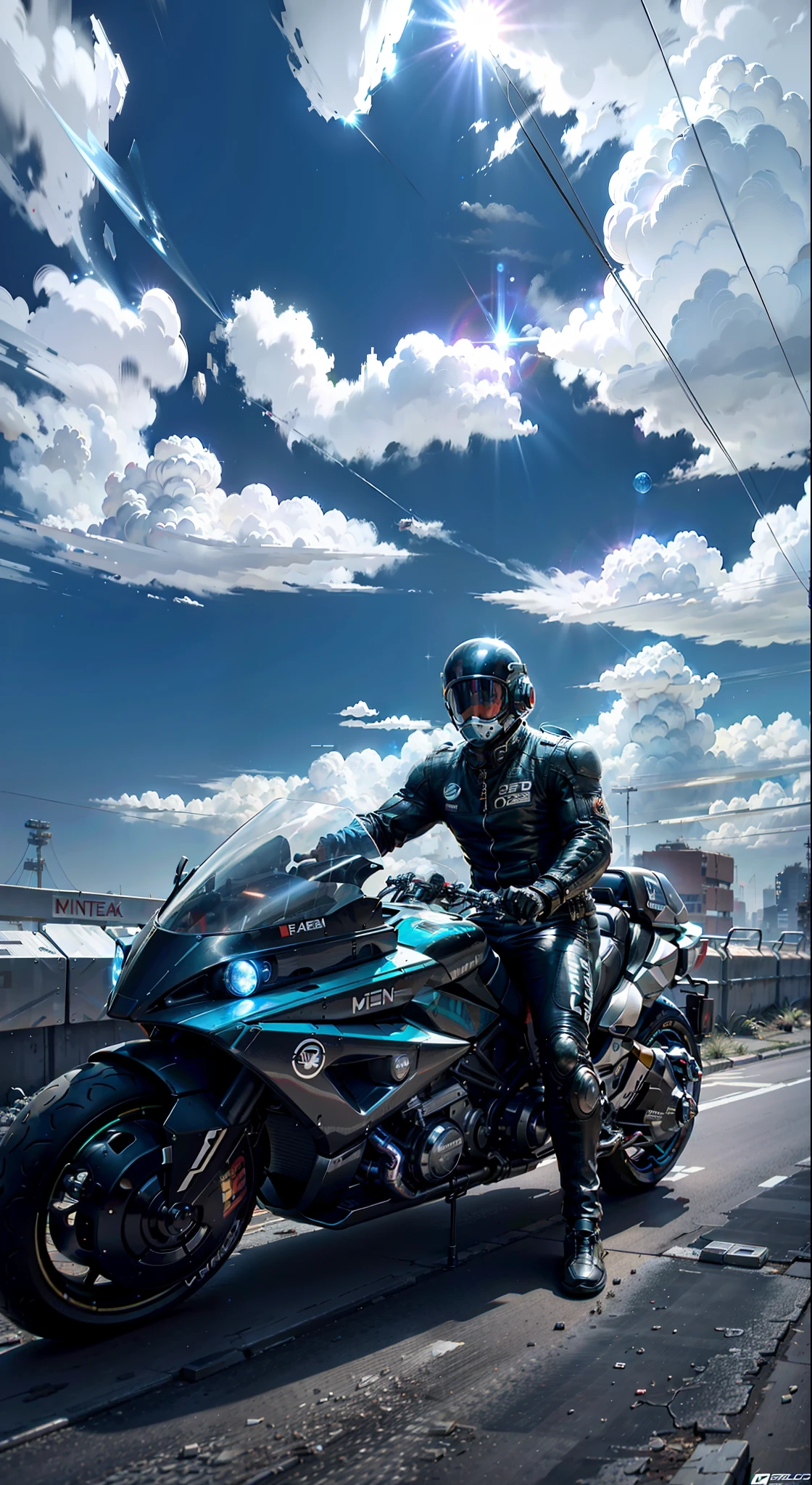Man on a motorcycle, masterpiece, best quality, man, (muscle), (racing suit), (riding a futuristic motorcycle in the ruins of a cyberpunk city after a thermonuclear war), buildings hung with broken neon signs, neon signs), (round sci-fi metal cuirass glittering), lots of bare broken cables, colorful glare and smoke, sci-fi scenes, sci-fi galactic space