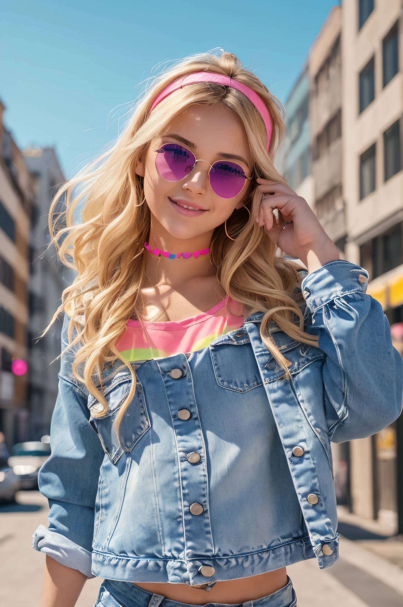 (masterpiece), (portrait), (aesthetic), (beautiful), (upper blody), (high quality), (aesthetic clothings), (professional angle), (rule of thirds), (Feminine), (woman), (female), (beautiful),(feminine features), (25 years), solo, 1 woman, (attractive 80's Girl), Summer, Vibrant light, ((Roller Skating)), (Gliding), Retro Makeup, (Small bust), ((Cassette Player)), (Side face), (Joyful expression), ((Playful)), (Neon Sunglasses and Headband), ((Medium hair)), (Blonde hair), (Wavy hair), (Thick hair), Glossy shine hair, (Scrunchie in hair), (Blue eyes), (Trendy and Energetic look), (Tan skin), (Neon Colors clothing), (Crop Top), (Denim Jacket), (Denim Shorts), Off-Shoulder neckline), ((Urban Street background)), (Full Shot Shot), beautiful hands, two hands, normal hands, two arms, complete hands, beautiful body, beautiful fingers, normal fingers, five fingers, five fingers, (Thumb index meddle ring little fingers), beautiful ears, normal ears, beautiful eyes, shiny eyes, beautiful mouth, beautiful lips,