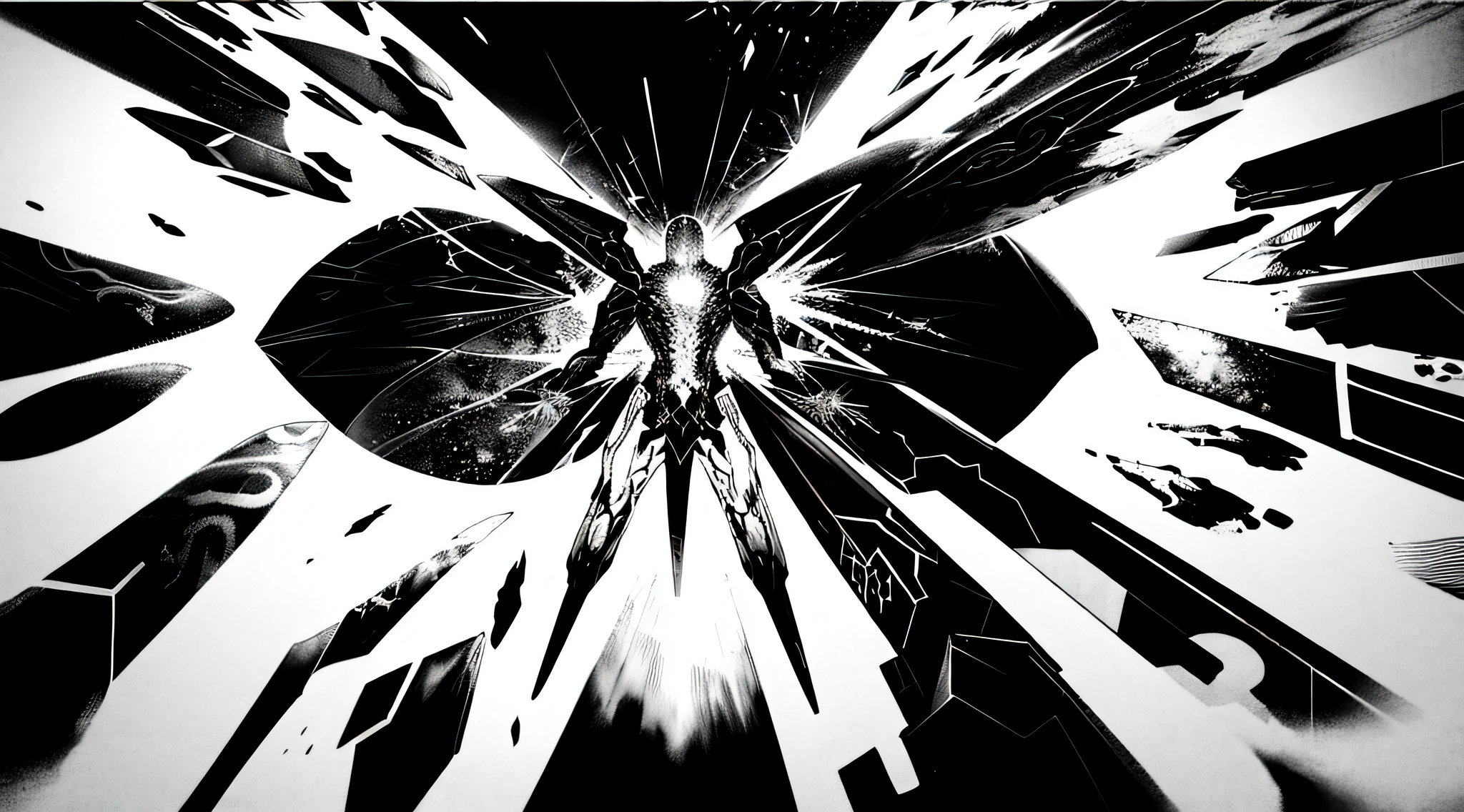 A surreal environment transitions into an enormous cocoon that pulsates with intense energy, enveloping the entire scene. As the cocoon ruptures, Vitor Fadul emerges in a breathtaking display of light and transformation, transcending the boundaries of human form. The explosion resonates with the power of the Big Bang, symbolizing the birth of the universe and the profound inner change experienced by Vitor. Illustration, digital art with vibrant colors and dynamic brushstrokes, --ar 16:9 --v 5 , greyscale, monochrome, ((masterpiece))