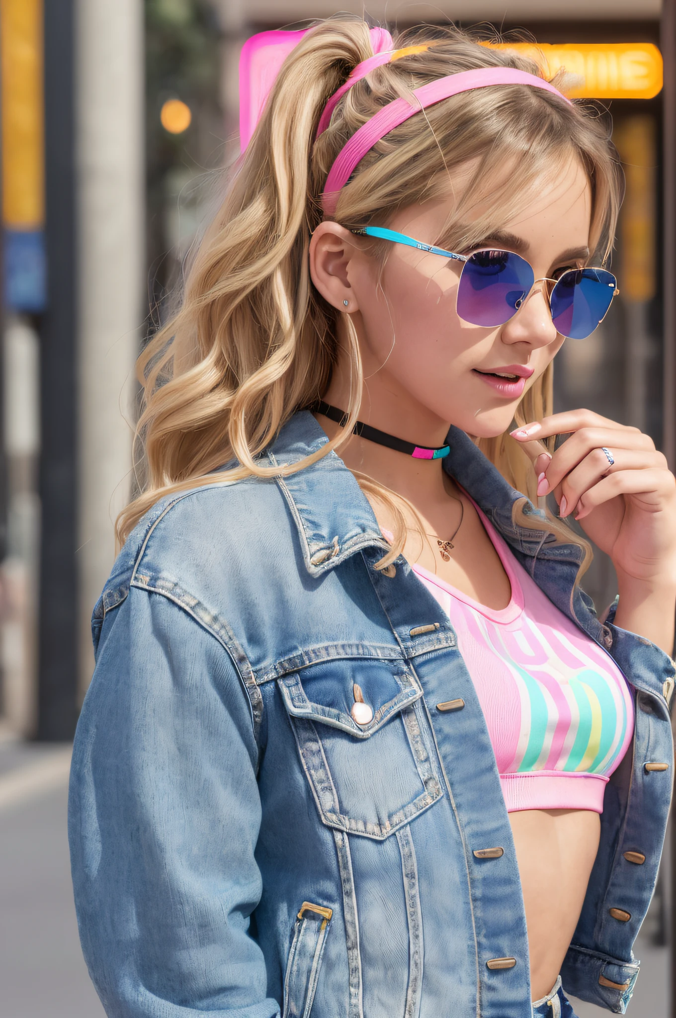 (masterpiece), (portrait), (aesthetic), (beautiful), (upper blody), (high quality), (aesthetic clothings), (professional angle), (rule of thirds), (Feminine), (woman), (female), (beautiful),(feminine features), (25 years), solo, 1 woman, (attractive 80's Girl), Summer, Vibrant light, ((Roller Skating)), (Gliding), Retro Makeup, (Small bust), ((Cassette Player)), (Side face), (Joyful expression), ((Playful)), (Neon Sunglasses and Headband), ((Medium hair)), (Blonde hair), (Wavy hair), (Thick hair), Glossy shine hair, (Scrunchie in hair), (Blue eyes), (Trendy and Energetic look), (Tan skin), (Neon Colors clothing), (Crop Top), (Denim Jacket), (Denim Shorts), Off-Shoulder neckline), ((Urban Street background)), (Full Shot Shot), beautiful hands, two hands, normal hands, two arms, complete hands, beautiful body, beautiful fingers, normal fingers, five fingers, five fingers, (Thumb index meddle ring little fingers), beautiful ears, normal ears, beautiful eyes, shiny eyes, beautiful mouth, beautiful lips,