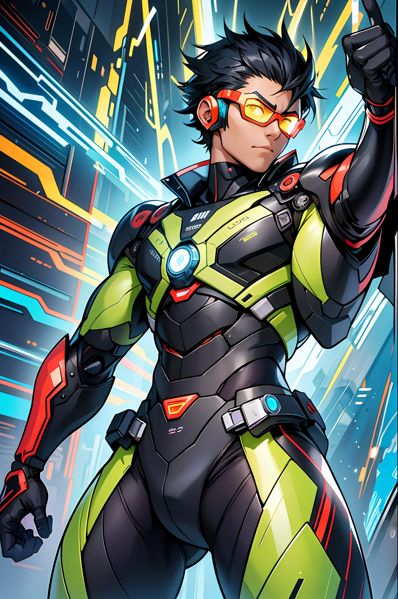 "Generate an image showcasing Melquisedeque, the protagonist of the story. Illustrate him wearing his technologically enhanced suit, complete with AI integration and smart glasses. Show him executing the mondioliotchagui kick, surrounded by swirling energy with vibrant colors." --auto --s2