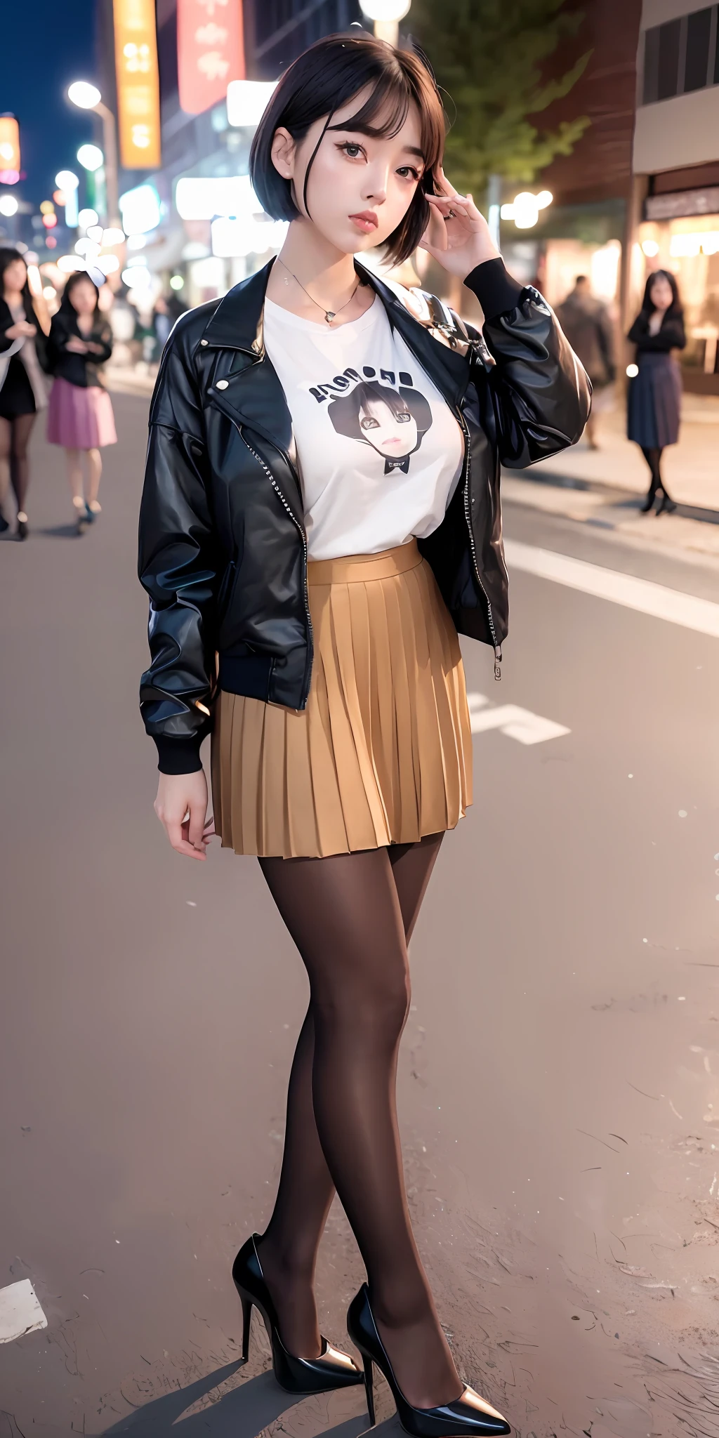 ulzzang-6500, (aegyo sal:1.4), best quality, ultra high res, (photorealistic:1.4), (beautiful Korean woman:1.0), (Kpop idol:1.0), (bold bavy short hair:1.4), (bangs:1.4), masterpiece, illustration, an extremely decision and beautiful, extremely detailed, CG,unity, 8k wallpaper, Amazing, finely detail, master, official art, extremely CG unity 8k wallpaper, absurdres, incredible absudrres, ultra-detailed, high resolution, very detailed, beautiful detailed girl, very detailed eyes and face, beautiful detailed eyes, face with light, (looking at the audience: 1.4), wide hips, thick thighs, (1 girl), detailed shiny skin, (looks like Amber Heard: 1.2), natural chest, small breasts, downtown street view, night view, (full body photo: 1.6), (t-shirt, jacket, pleated skirt, pantyhose, high heels :1.6), nude photo, model pose, realistic body,