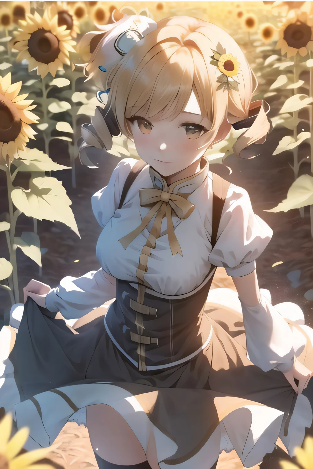 1girl, cowboy shot, from_above, solo, Mami Tomoe, (detailed reflective anime style eyes), sunflowers, golden hour, detailed textures, walking in a \(field of sunflowers outdoors\), posing, casual pose, aesthetic, intricate, caustics, light rays, sunlight, sparkle, shimmer, glitter, sharp focus,