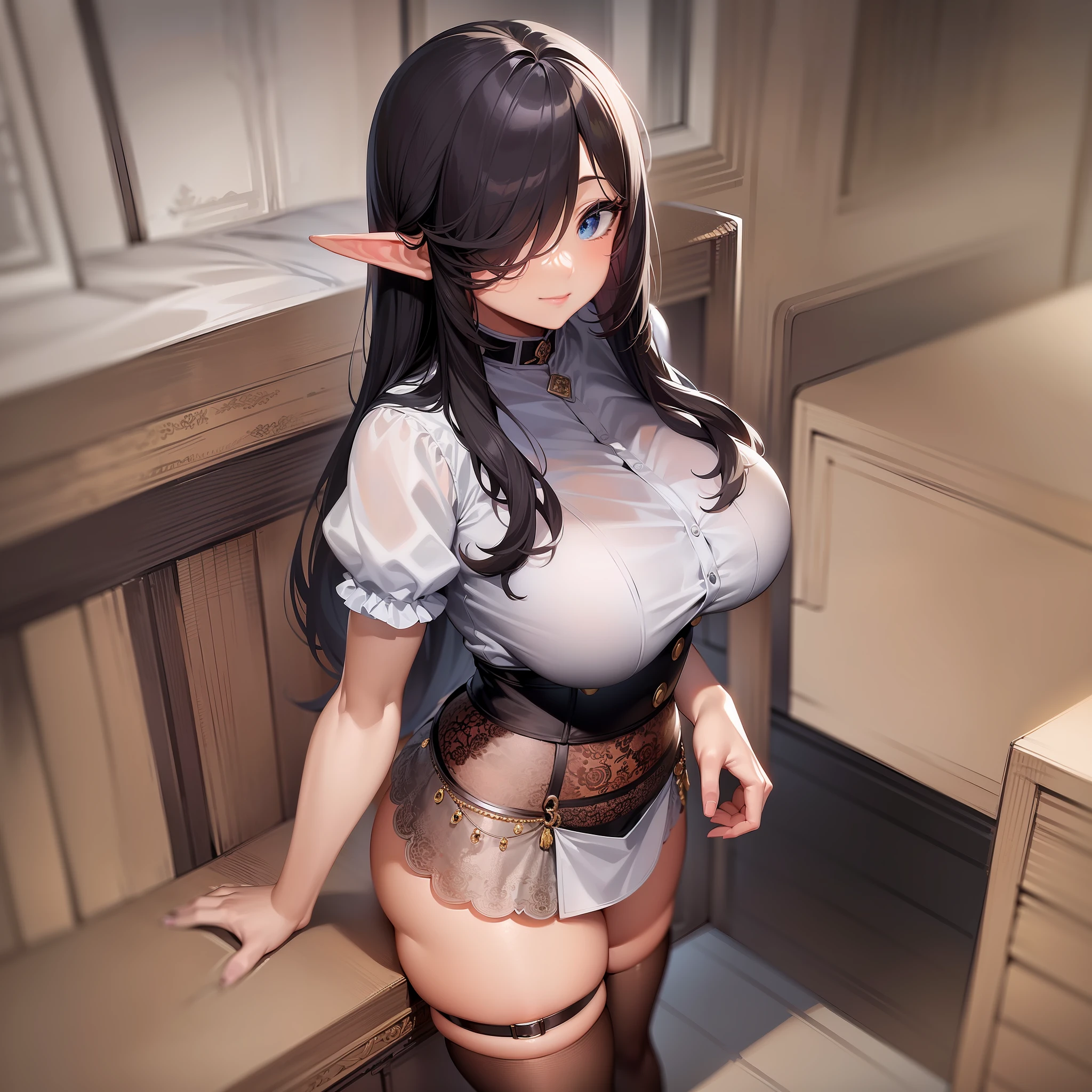 masterpiece, best quality, finely detailed, high resolution, extremely delicate and beautiful, 1girl, huge breasts, thickthighs, looking at viewer, facing viewer, black hair, hair over one eye, (solo:2), smile, standing, (arms behind back:1.1), elf, school uniform, miniskirt, shirt, bed room, from above, pov, straight-on,