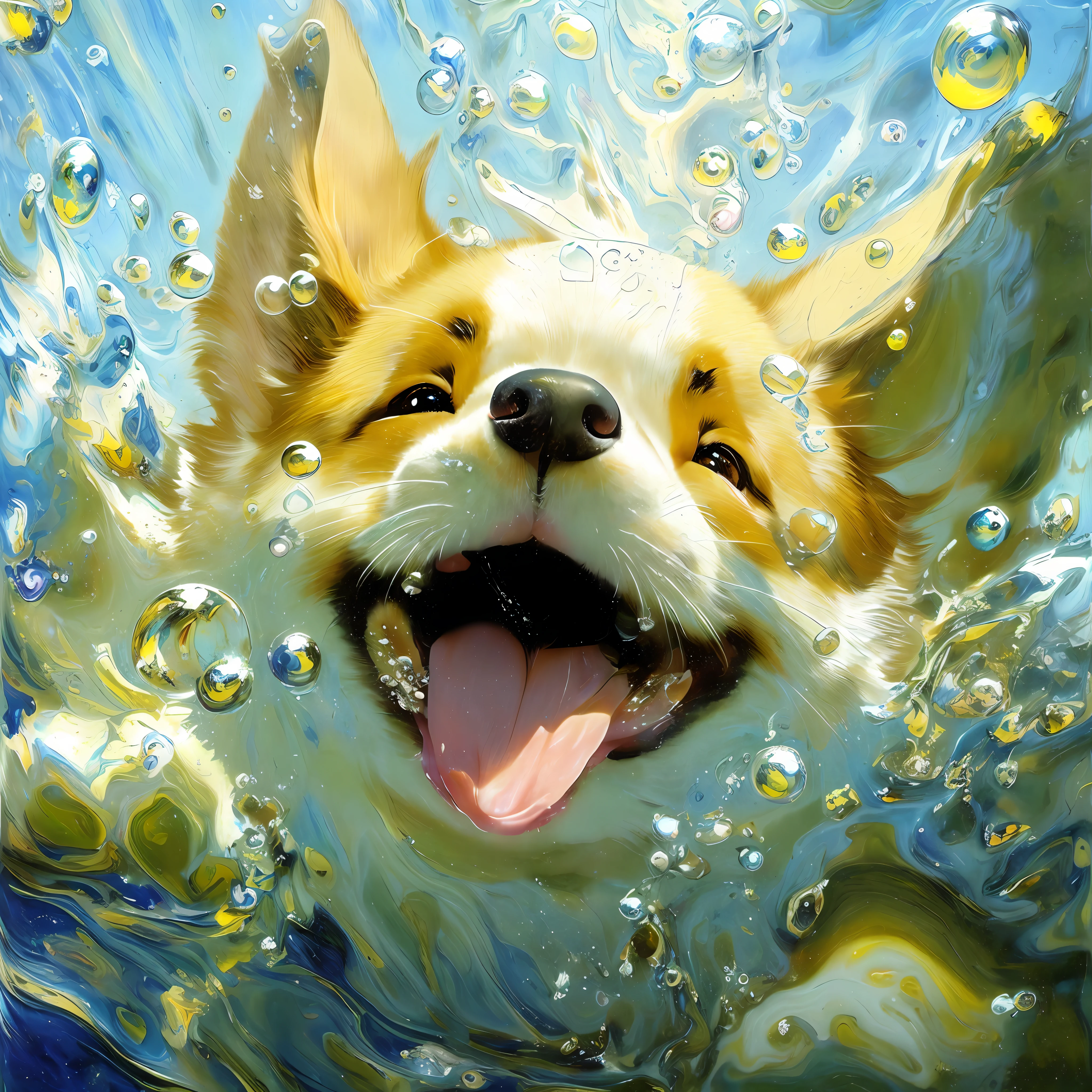 A corgi swimming underwater, eyebrows, smile, fantasy in Katsuhiro Otomo style, rendering style in realistic hyper-detail, glow, yellow blue, ultra-realistic oil painting, head close-up, exaggerated perspective, Tyndall effect water drops, pearlescent mother, holographic white, realistic ---s400