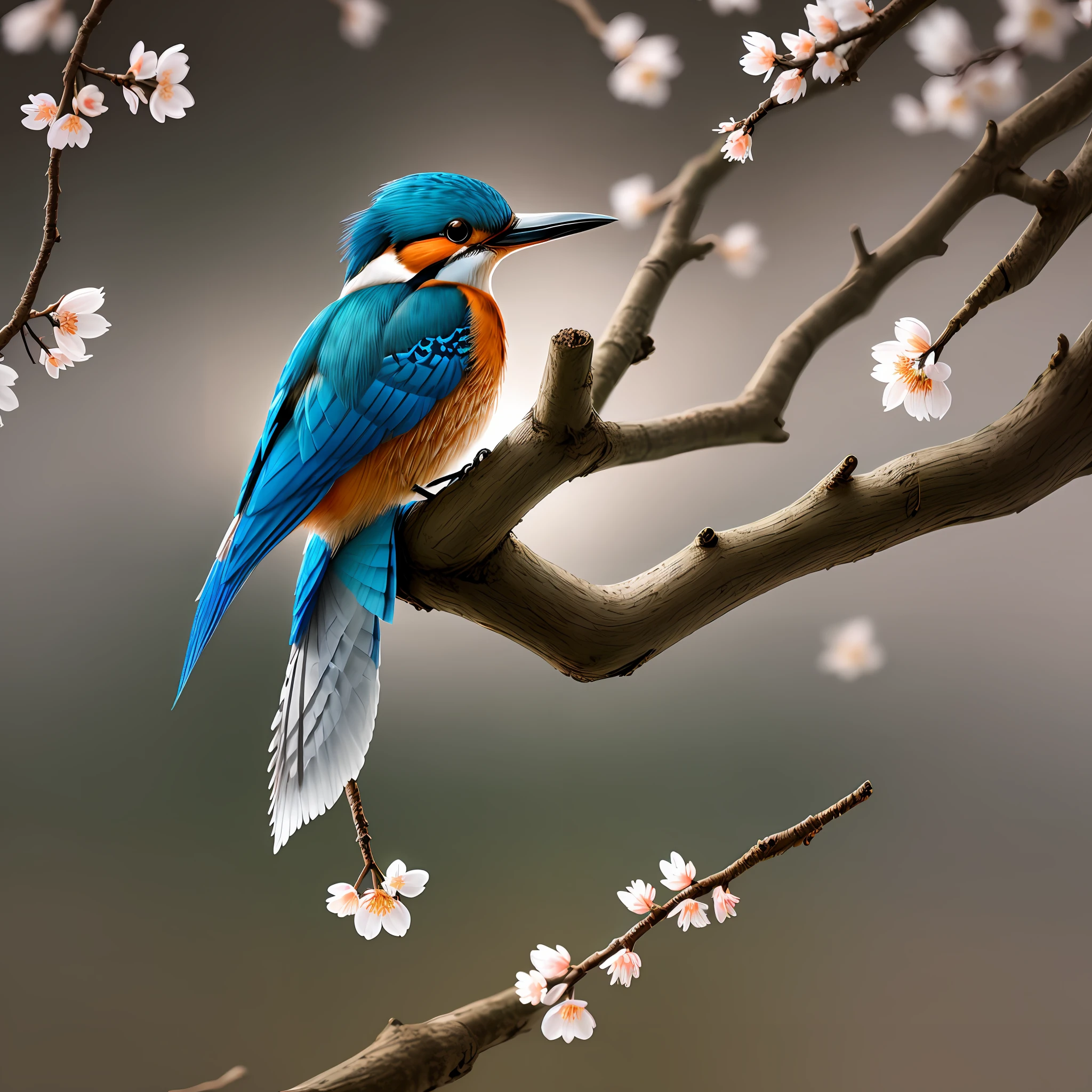 The finest kingfisher on the branches close to the budding white cherry blossoms, darkness, dawn, realistic photography, detail, intricate folded feathers, water droplets on the feathers, bright colors