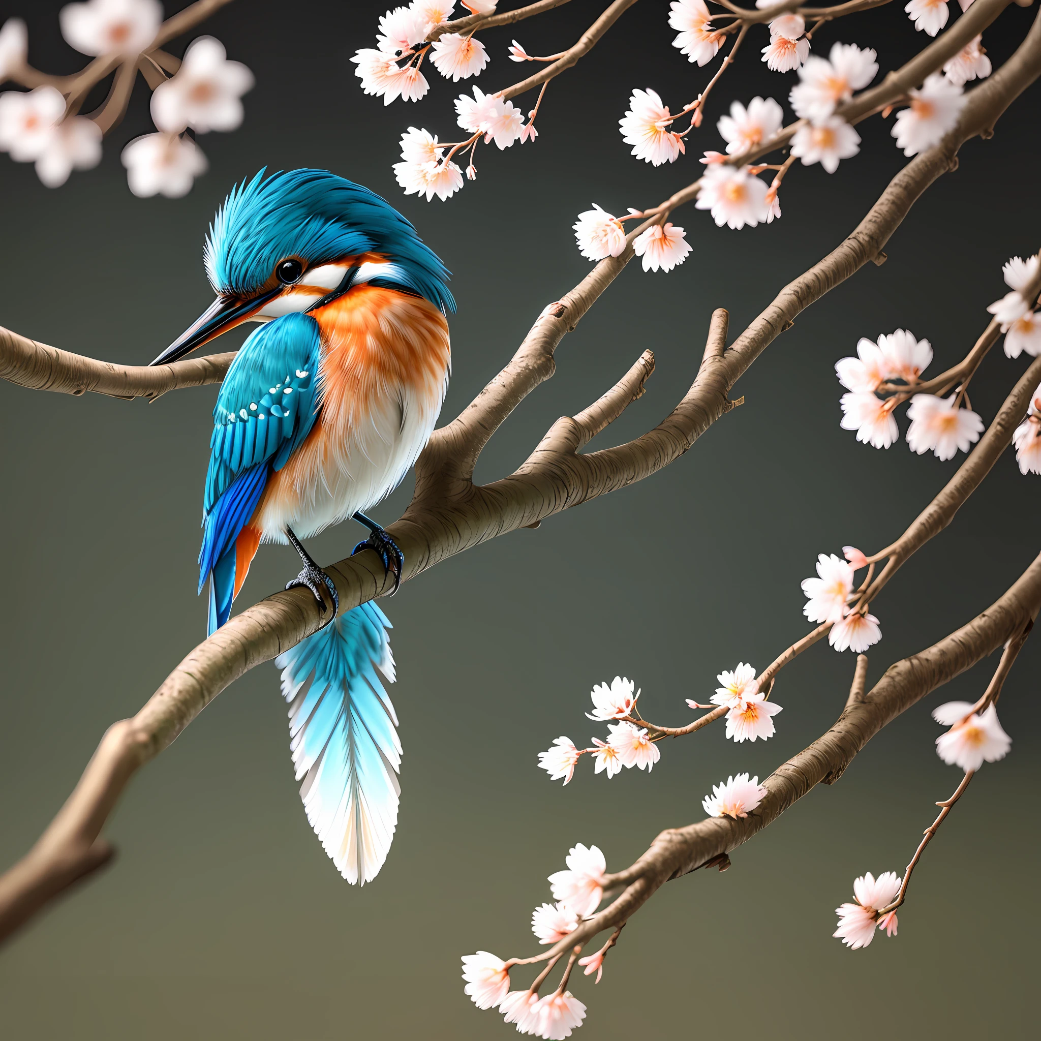 The finest kingfisher on the branches close to the budding white cherry blossoms, darkness, dawn, realistic photography, detail, intricate folded feathers, water droplets on the feathers, bright colors