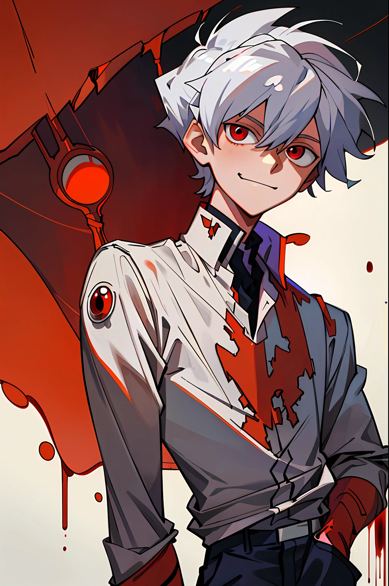 (best quality, masterpiece), 1boy, upper body, wound, blood splatters, blood, formal, looking down, looking at the viewer, white hair, red eyes, hand in pocket, thin, smile, kaworu nagisa, evangelion