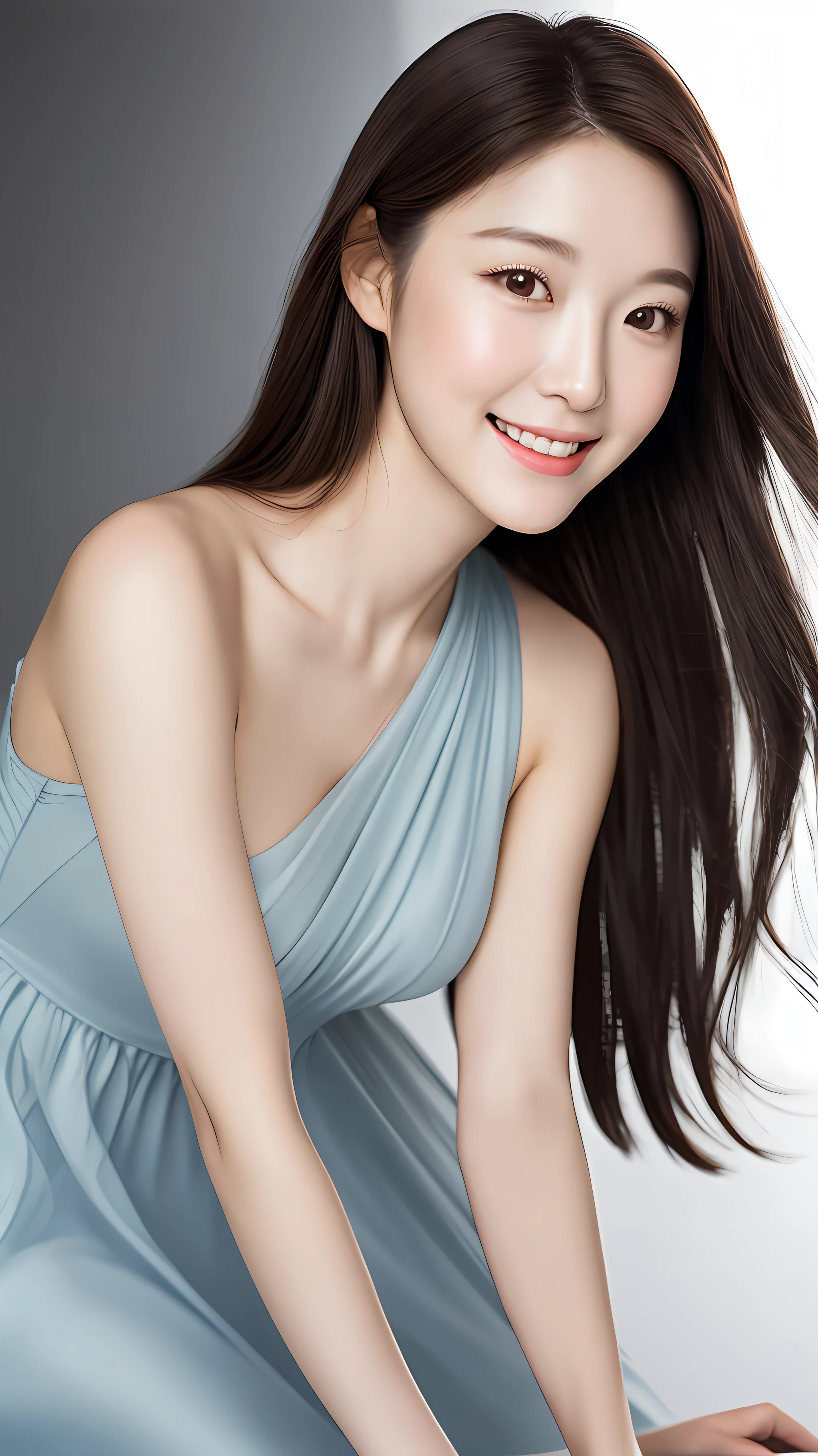 realistic photos of 1 cute Korean star female Shoulder-length hair, thin makeup, medium breasts size, slightly smile, long dress in studio, clear facial features of Canon EOS, 16K high resolution, sharp and realistic details, upside-down, motion lines