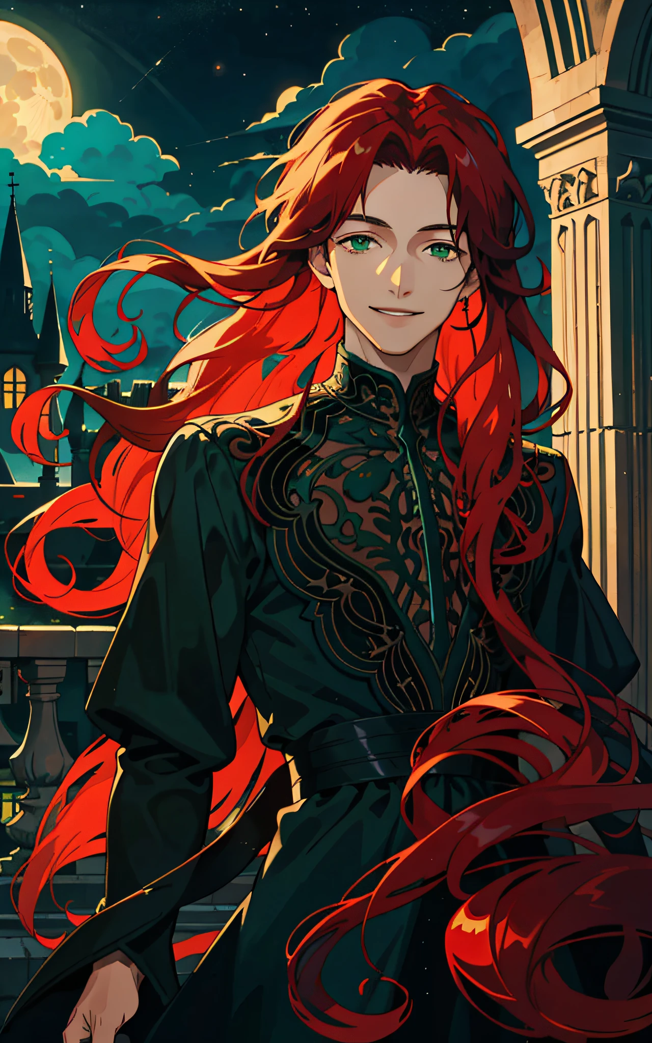Masterpiece, best quality, best light and shadow, 1 male, ager, long curly red hair, green eyes, smile, gentle smile, intricate details, rich movements, delicate black dress, night, moon, castle, red rose, flame