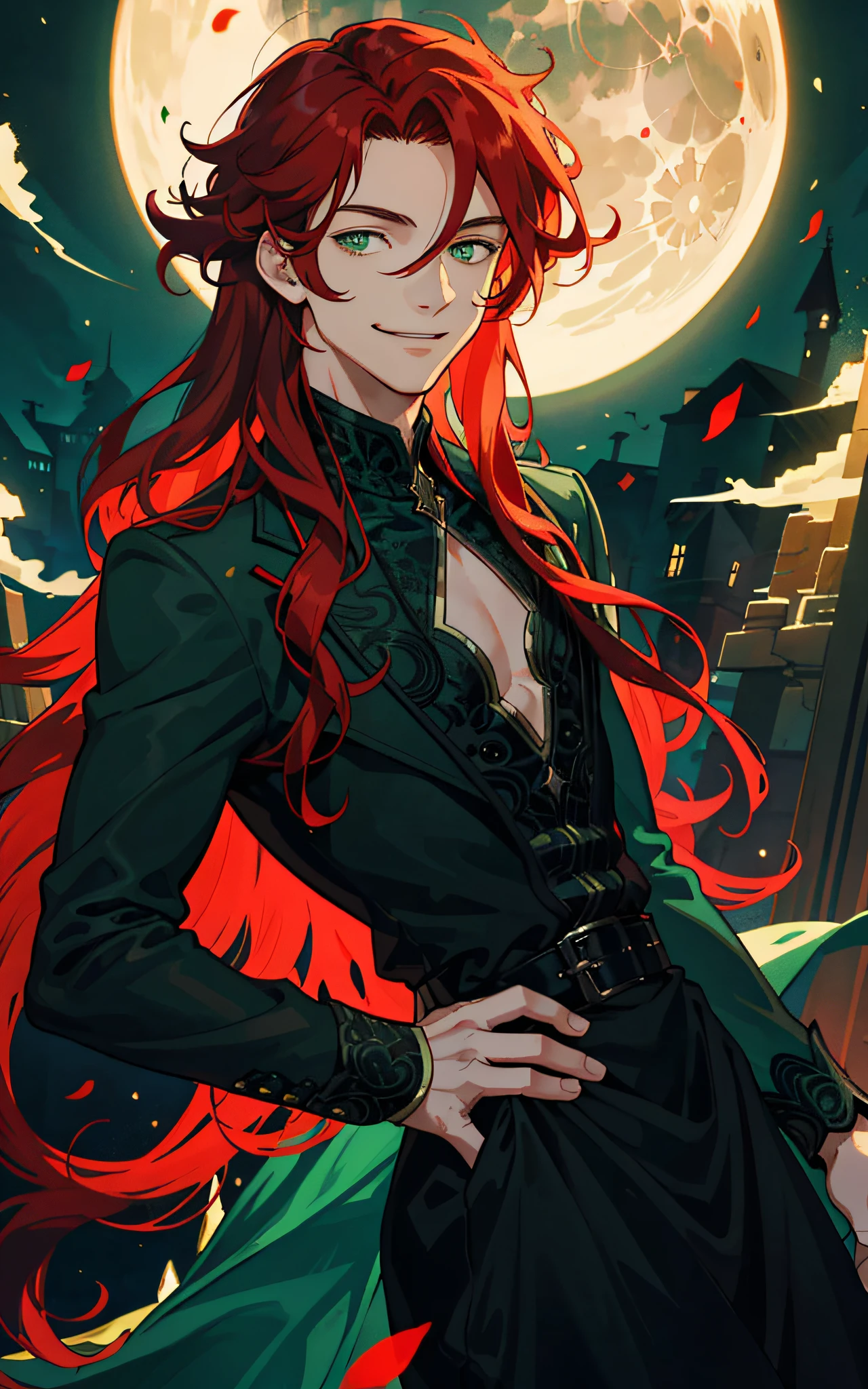 Masterpiece, best quality, best light and shadow, 1 male, teenager, long curly red hair, green eyes, smile, gentle smile, intricate details, rich movements, delicate black dress, night, moon, castle, red rose, flame