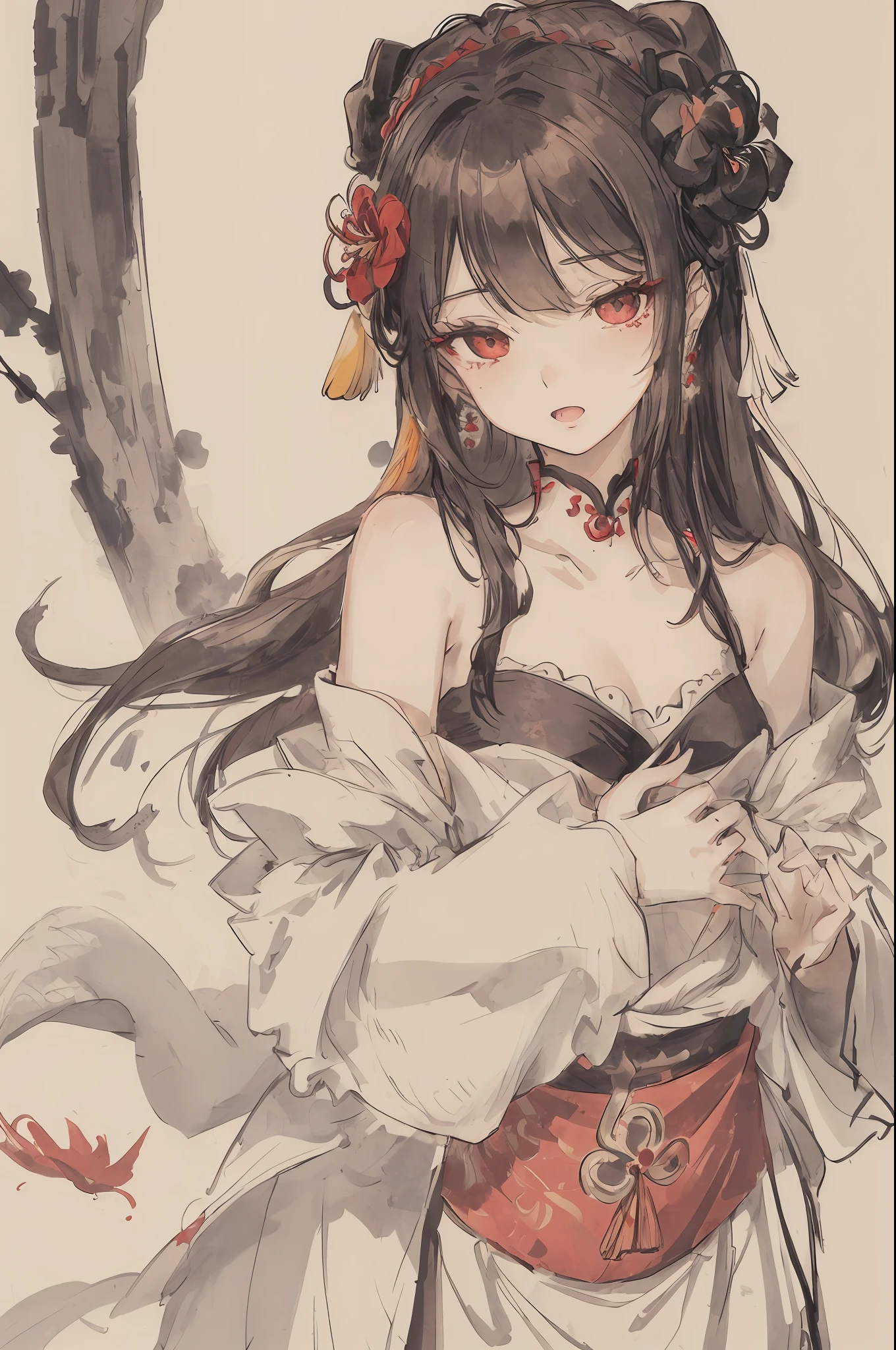 ((High resolution)), (Open Mouth), (Bust), (Top Quality), ((Super Fine)) (Super Fine CG)), ((8k_wallpaper)), Dynamic Angle, Floating, (Eyes with Beautiful Details), Very Delicate and Beautiful Girl, Upper Body, Ink Painting, (Chinese Style), Dark Eyes, Burning, Detail Light. from_low, (black hair), (red spider) lily: 1.33), aqua eye, (hair flower: 1.3), Bloom, single, starry sky, hair accessories, earrings, jewelry, messy hair, bare shoulders, half-closed eyes, bloom, (men), (Hanfu: 1.3), (Medium breasts): 1.2), (Eyeshadow, Red Eyeliner: 1.15), (Eyeshadow, Red Eyeliner: 1.15), (Eyeshadow, Red Eyeliner: 1.15), (Visible Eyes Through Hair: 1.2), (Solo Exhibition), Red Moon