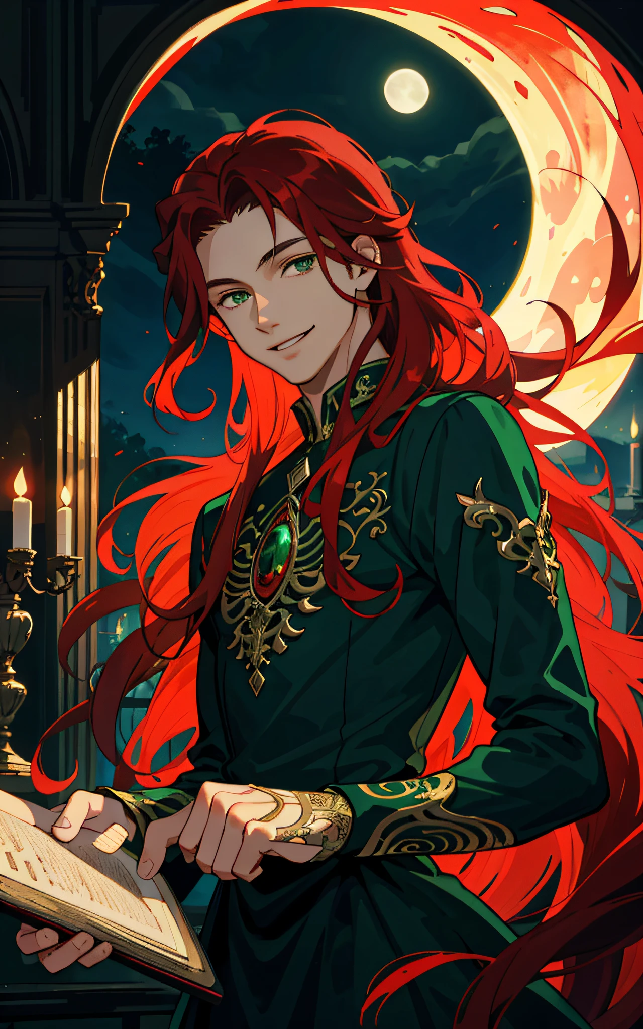 Masterpiece, best quality, best light and shadow, 1 male, teenager, long curly red hair, green eyes, smile, gentle smile, intricate details, rich movements, delicate black dress, night, moon, castle, red rose, flame