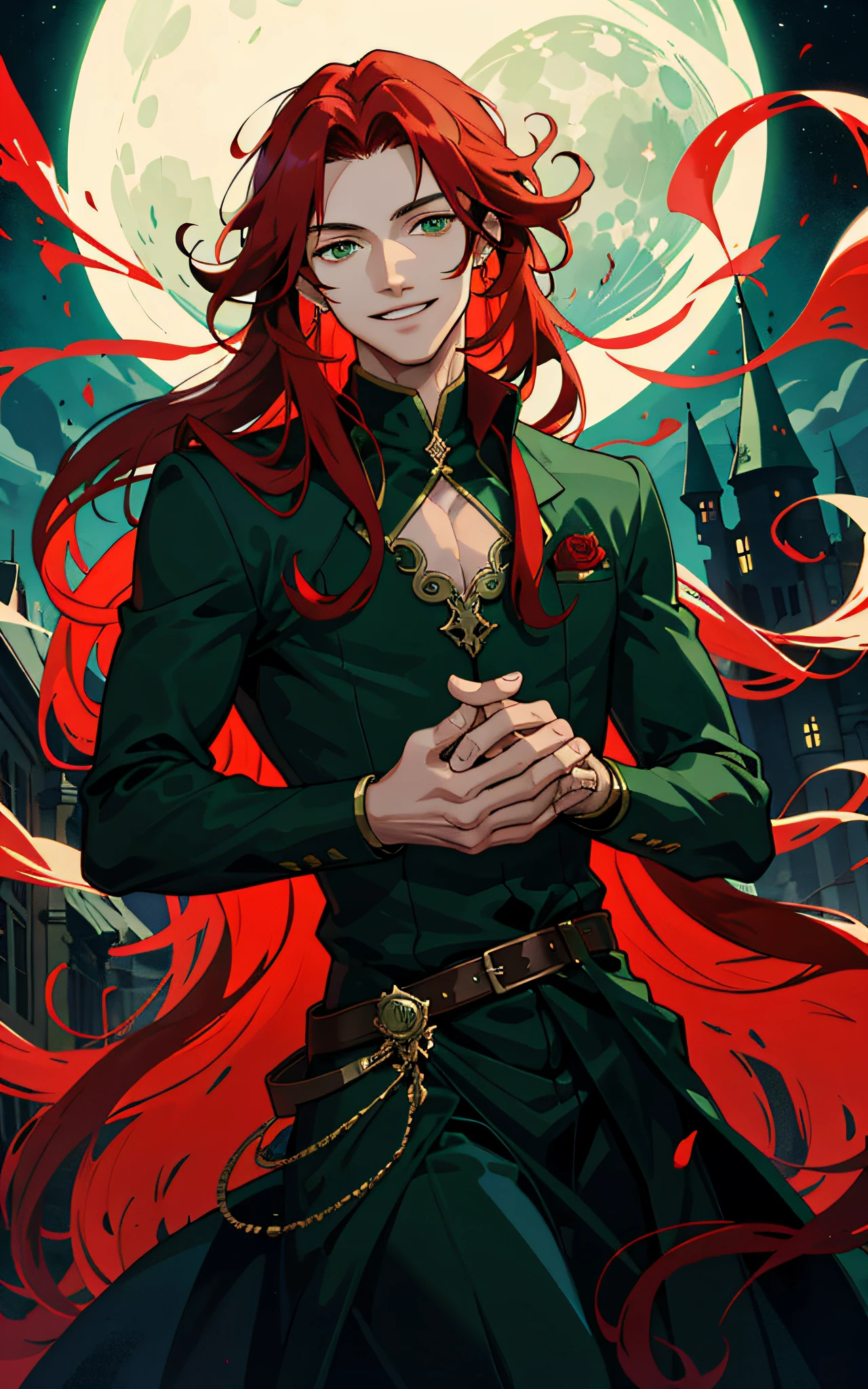 Masterpiece, best quality, best light and shadow, 1 male, ager, long curly red hair, green eyes, smile, gentle smile, intricate details, rich movements, delicate black dress, night, moon, castle, red rose, flame